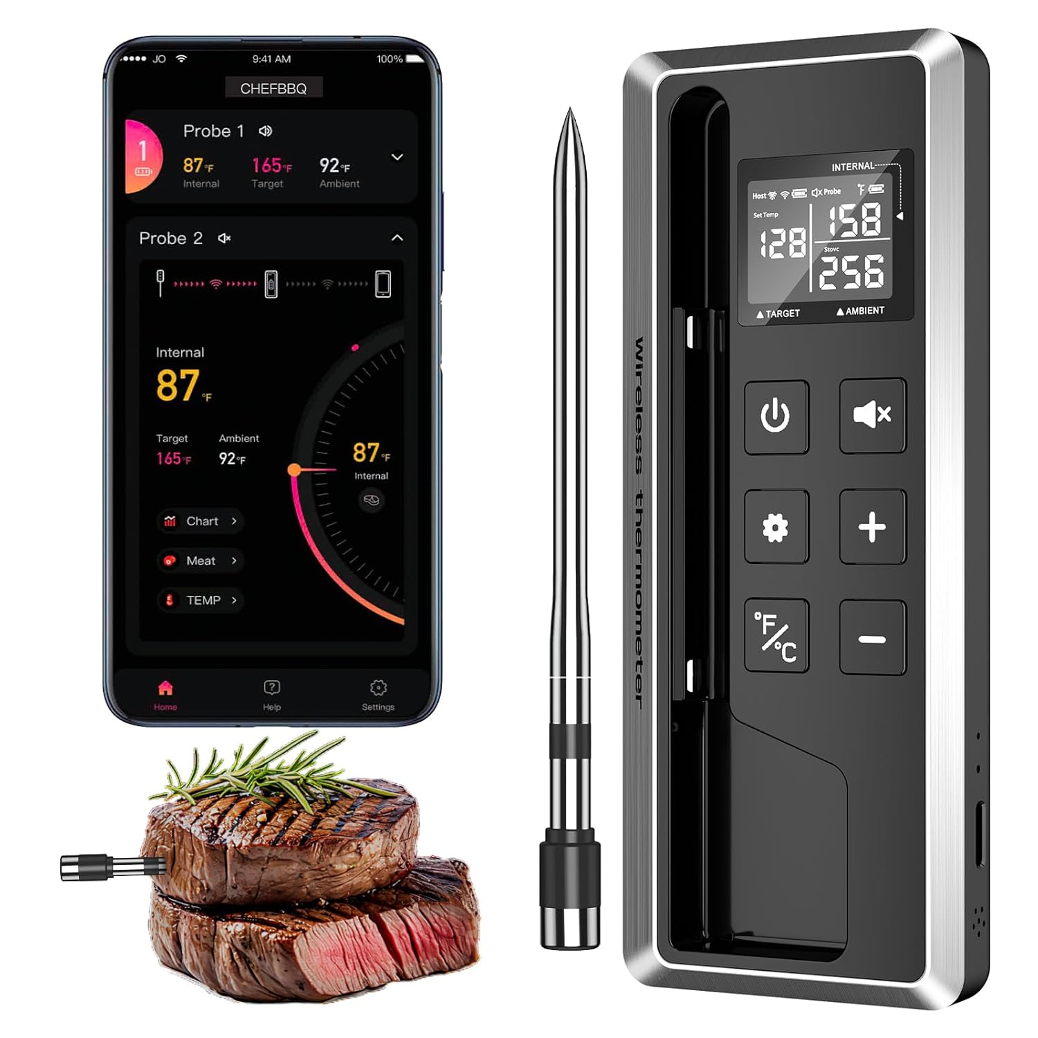 Wireless Meat Thermometer with Smart Timer & APP Alerts, 800ft Bluetooth Grill Food Thermometer, Dual 0.19In-Ultra Thin Probes, ±0.5℉ Accuracy, Big Digital Backlit Screen, for BBQ, Oven, Smoker