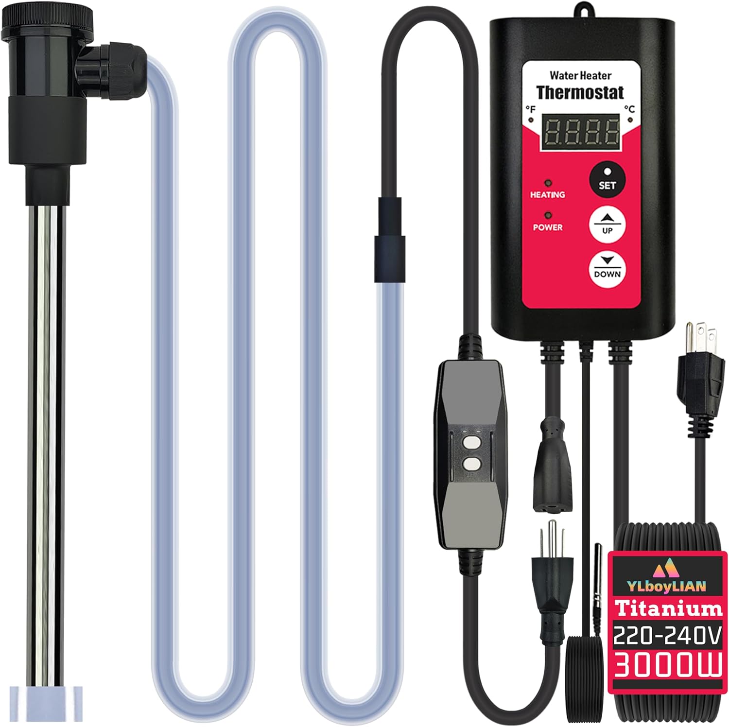 240V 3000W Titanium Submersible Electric Immersion Water Heater with Thermostat & GFCI – Portable Heater for Swimming Pools, inflatable pool, Above Ground Pool, Baptistry, Spa Tubs & Hot Tub