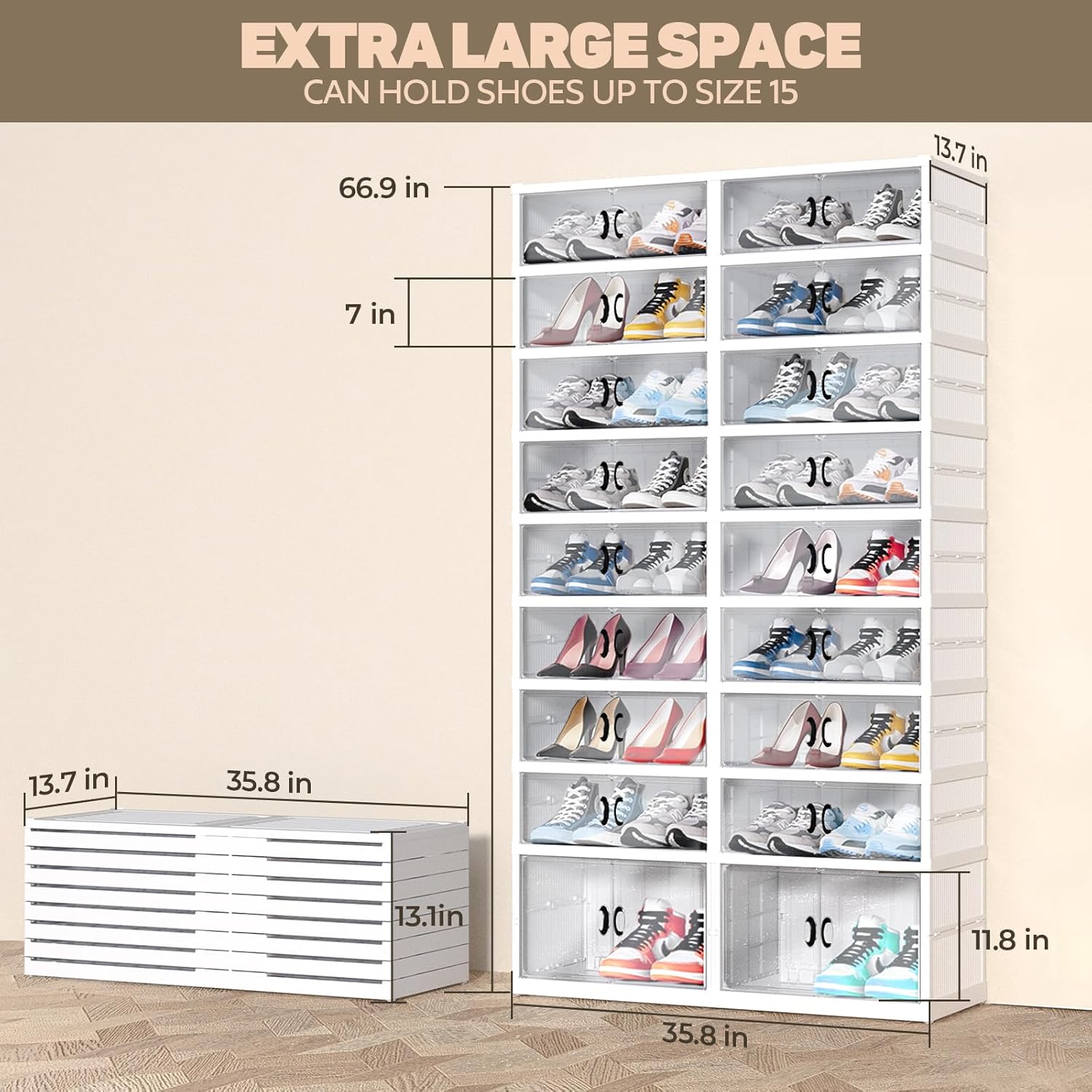 Dollate 9 Tiers 36 Pairs Foldable Shoe Rack, Large Shoe Storage with Magnetic Clear Door, Easy Assembly and Freely Movable Shoes Organizer, Large Capacity Shoe Shelf for Cloakroom, Entryway