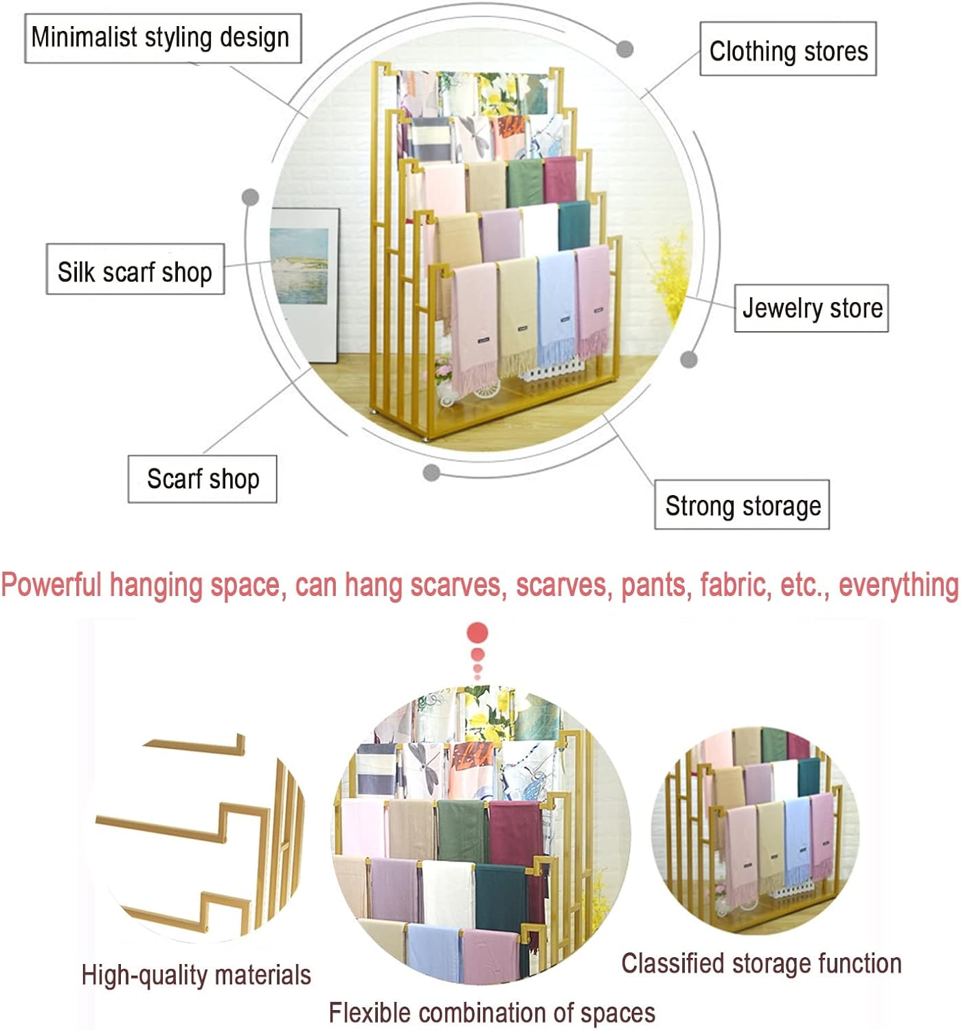 Floor Standing Scarf Display Stand, Metal Freestanding Scarf Holder Organizer, Towel Rack for Commercial Clothing Retail Store Sheets Suit Pants (Color : Gold, Size : 80X40X150CM)