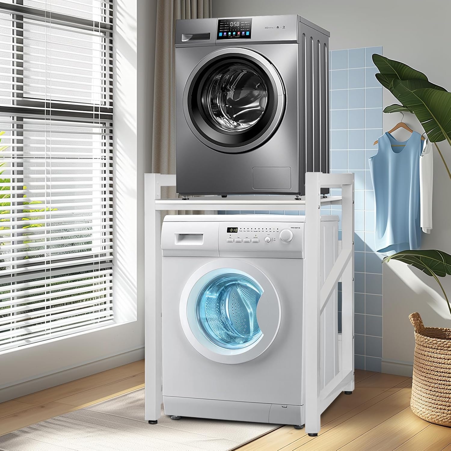 JXZ Washing Machine Storage Rack Height Adjustable Washer Dryer Stacking Rack with Adjustable Shelves 1.2mm Wall Thickness Load Capacity 350kg for Bathrooms Laundry Rooms Balconies(White F)