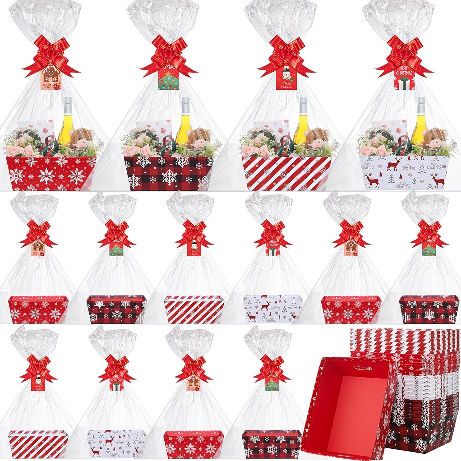 Cholemy 24 Set 12x10 In Extra Large Christmas Basket Gift Empty to Fill Gifts Basket with Handles Xmas Cards Cellophane Bows Market Tray Xmas Gift Bags for Holiday Christmas Party Raffle Wedding