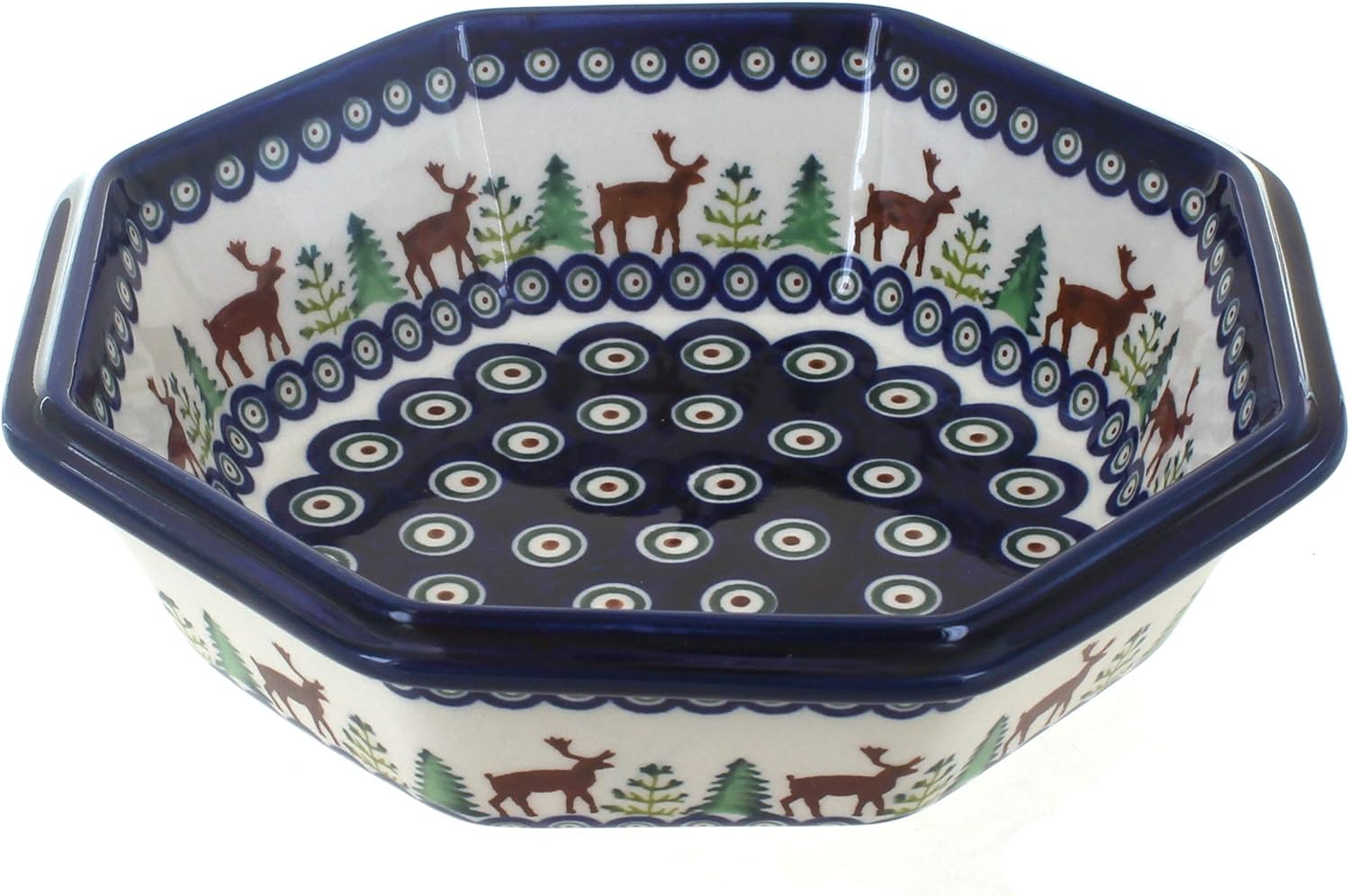 Blue Rose Polish Pottery - Blue Reindeer Pine Large Octagonal Bowl - 8' Diameter - Unique Bowl for Pasta, Sald, or any Side Dish