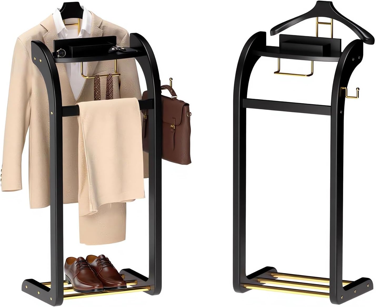 Suit Valet Stand for Men, Wood Mens Valet Stand with Base, Contour Hanger, Tray, Trouser Bar and Tie Bar, Clothes Valet Stand for Bedroom Entryway Home Living Room Office (Black)