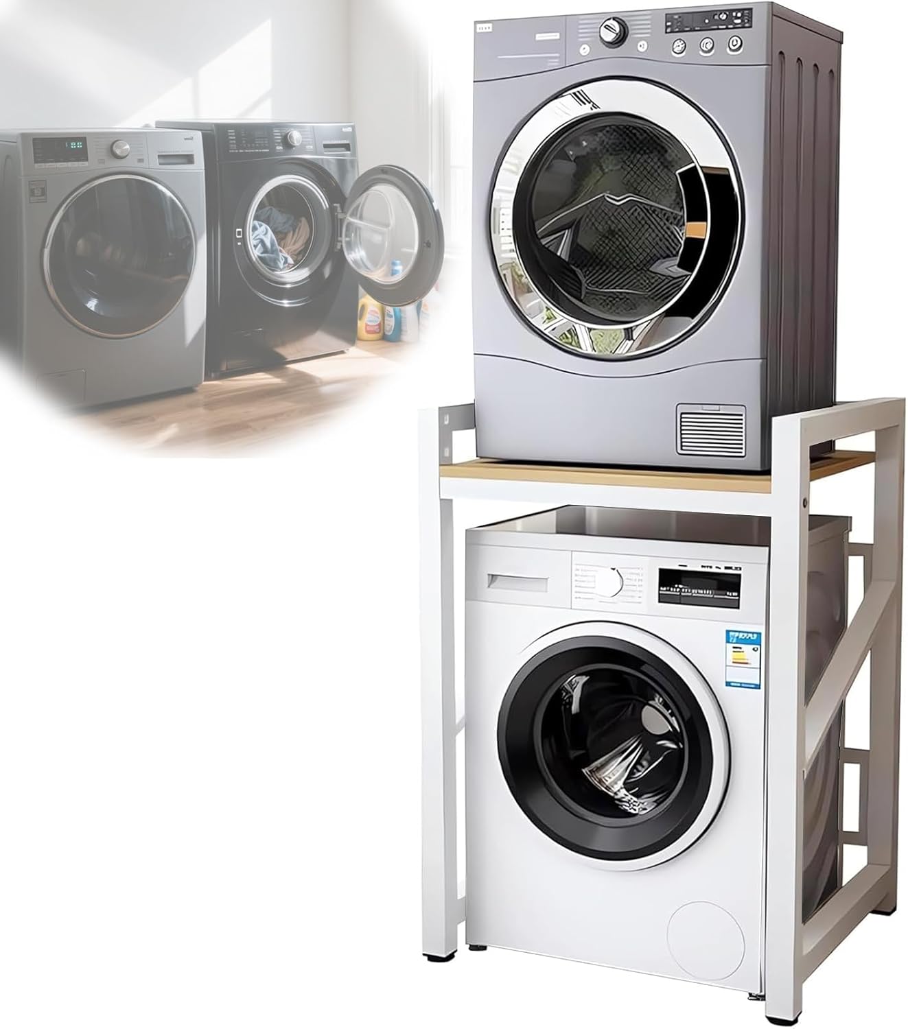 Washer Dryer Stacking Rack, 25.59in Wide Over Washer and Dryer Shelves Kit for Laundry Room, Washer Dryer Stacking Rack Stand for Bathrooms, Balconies, 1.2mm Wall Thickness, 660 lbs Capacity