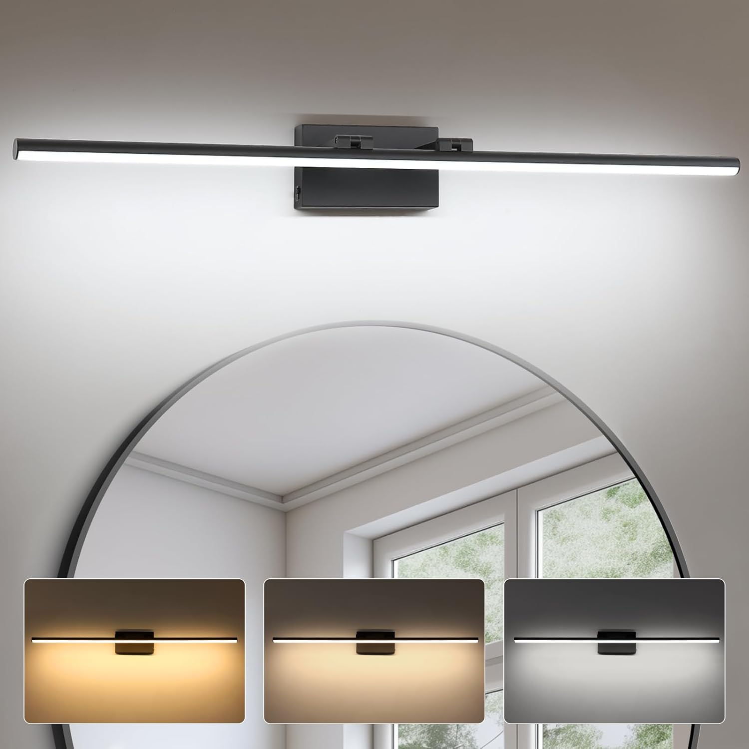 48 Inch LED Bathroom Vanity Light (3000K/4000K/6000K, Dimmable), Black Modern Bathroom Light Fixture Over Mirror, Vanity Light Bar with Angle Adjustable