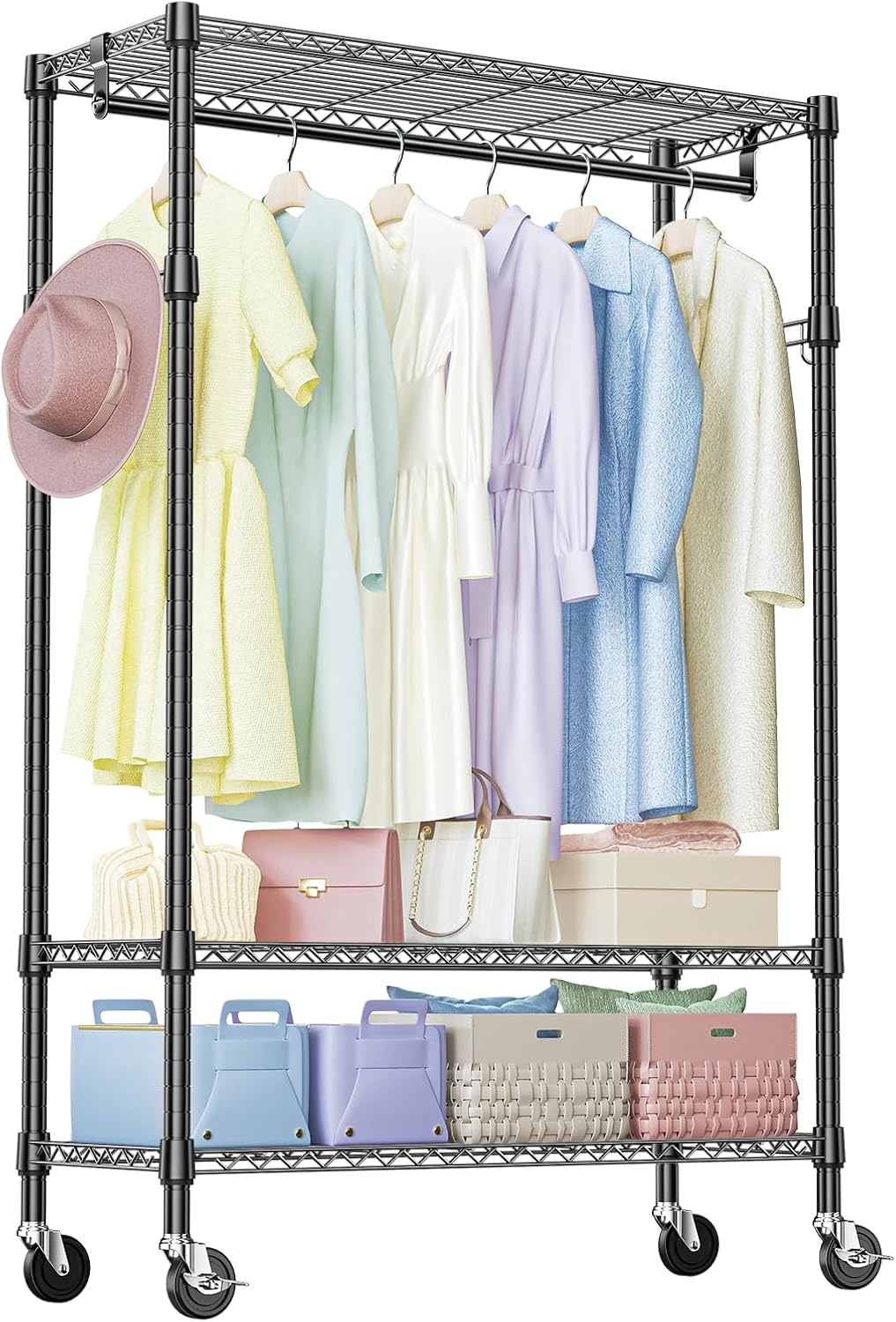 IZEUK 3 Tier Heavy Duty Rolling Garment Rack Wire Clothes Rack for Hanging Clothes, Metal Freestanding Closet Wardrobe Rack with 1 Rods and Wheels Chrome 15.7