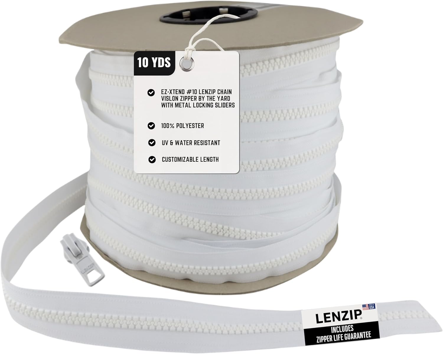 EZ-Xtend #10 Lenzip Chain Vislon Zipper by The Yard with Locking Sliders. Boat Cushions, Duffle Bags, Back Packs, Sewing, Replacement Zipper(10 Yards & 8 Double Pulls)
