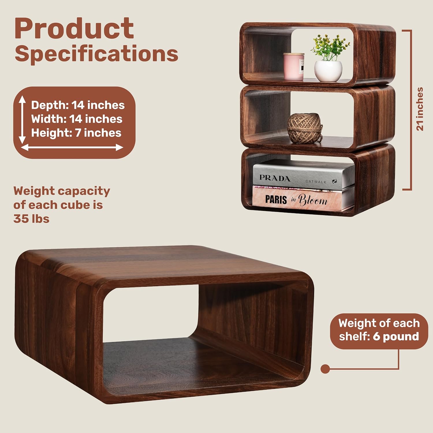 Wooden Shelf Stackable Cube Storage Organizer, Small Bookshelf for Bedroom Decor, Office, and Home Decor, Multipurpose Wooden Bookshelves for Modern and Contemporary Spaces, (Walnut, 2)