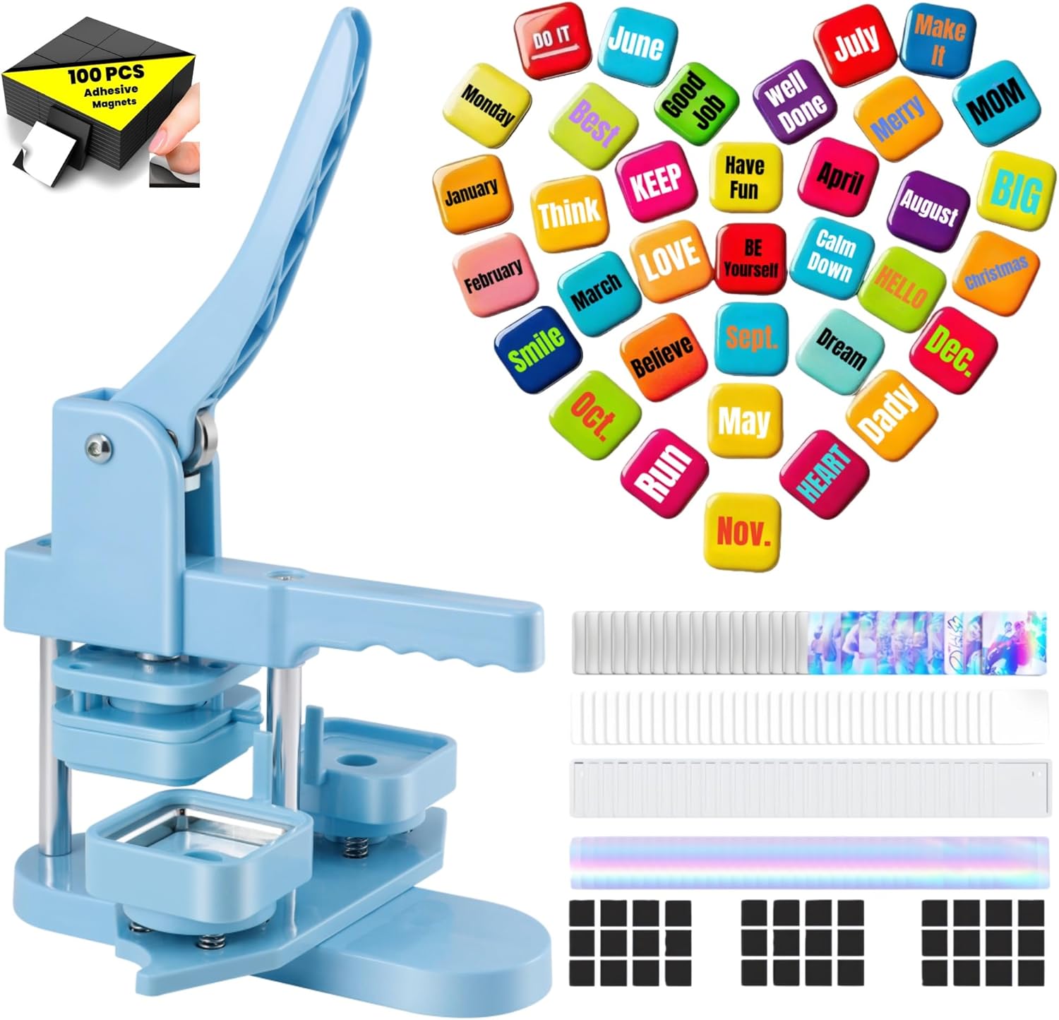 Square Photo Magnet Button Maker Kit - 2'' x 2'' Button Press Machine with 100 Set Fridge Magnet Making Supplies(Metal Cover, Iridescent Film, Back Inserts), for Crafting, Home Use, Small Business