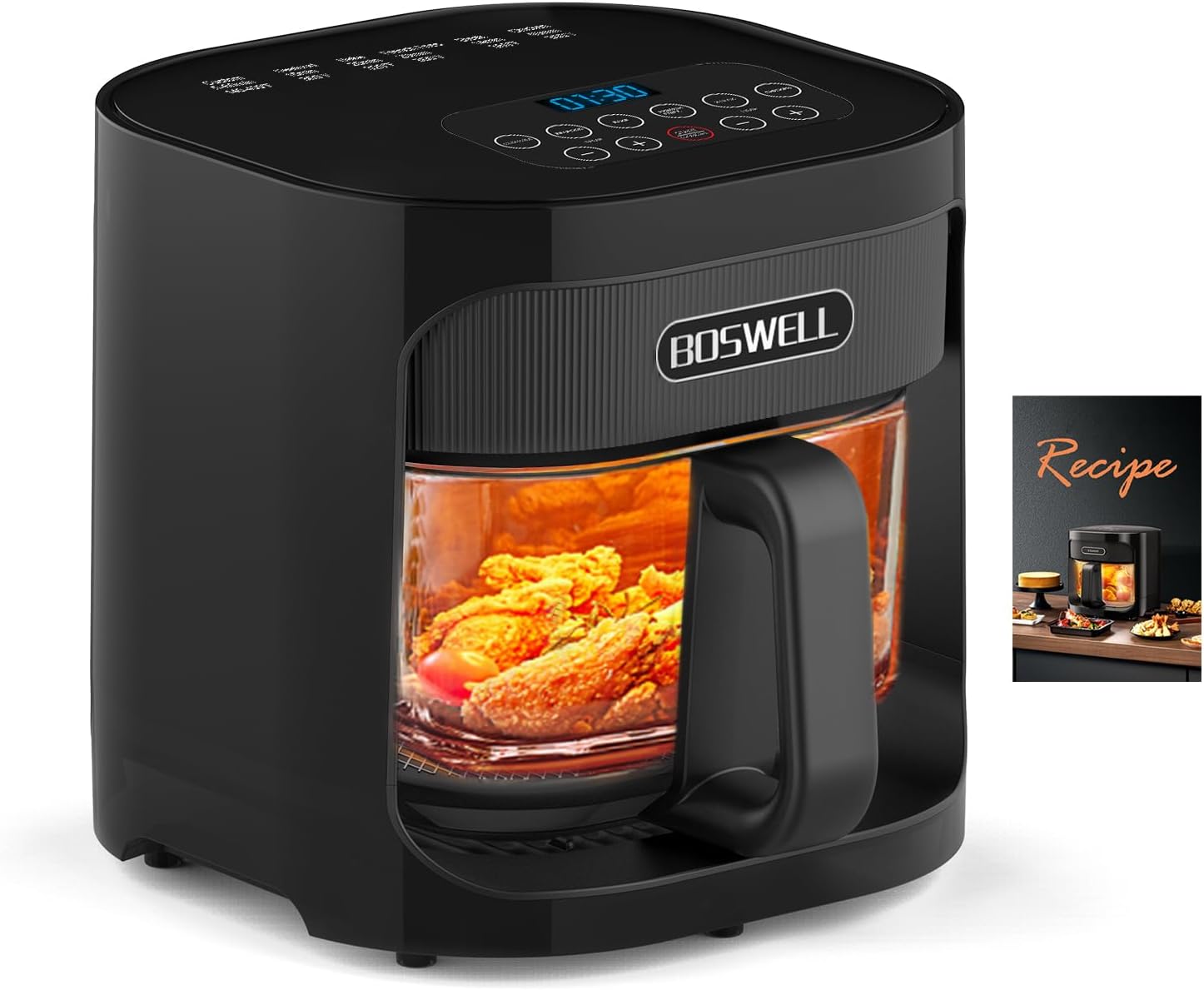 BOSWELL 4.5QT Glass Air Fryer - 6-in-1 with Transparent Bowl | Circulating Air for Crispy Results | Bake, Broil, Air Fry | Temperature Control, Dishwasher Safe (White)