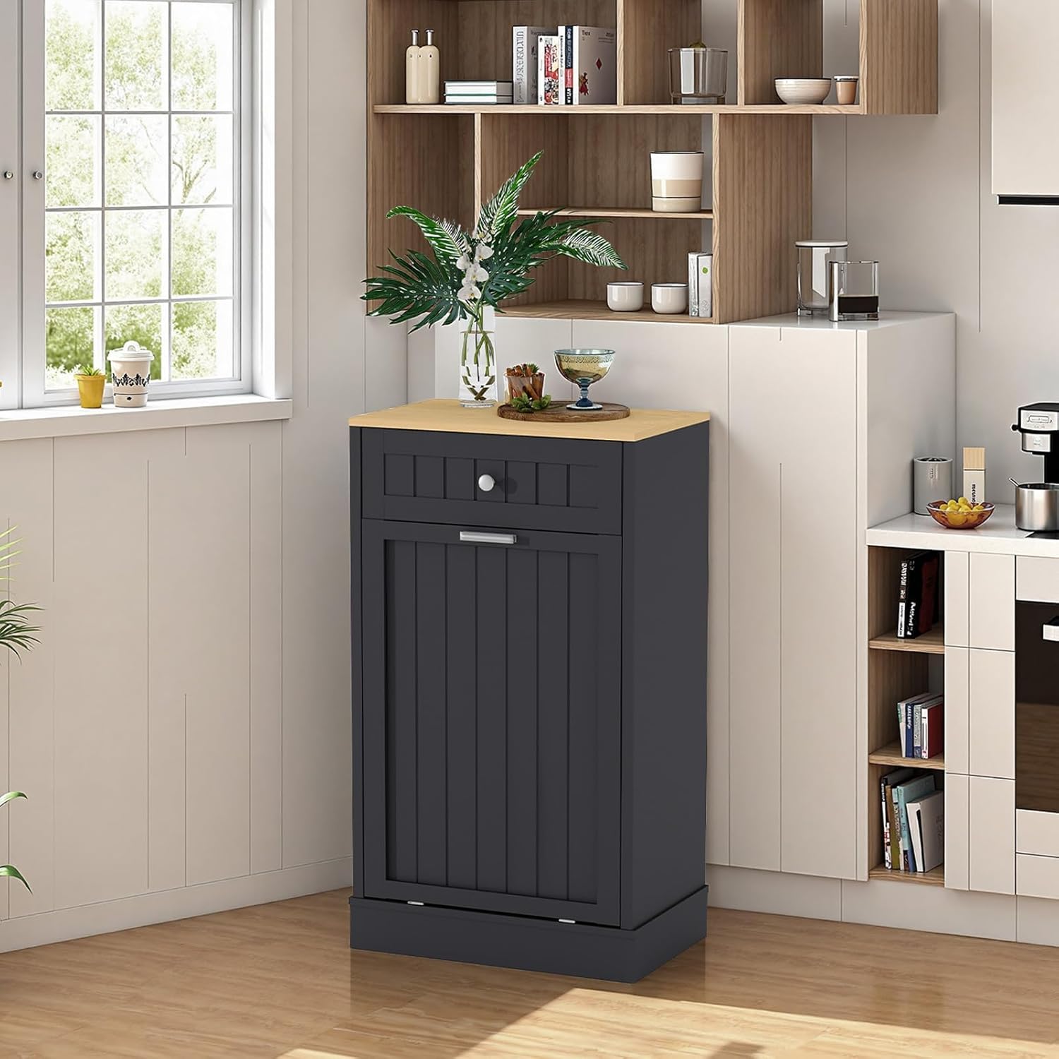 10 Gallons Tilt Out Trash Cabinet, Wood Garbage Recycling Cabinet with Hideaway Drawer, Freestanding Kitchen Trash Bin Cabinet, Pet Proof Trash Can Holder for Kitchen Living Room, Black