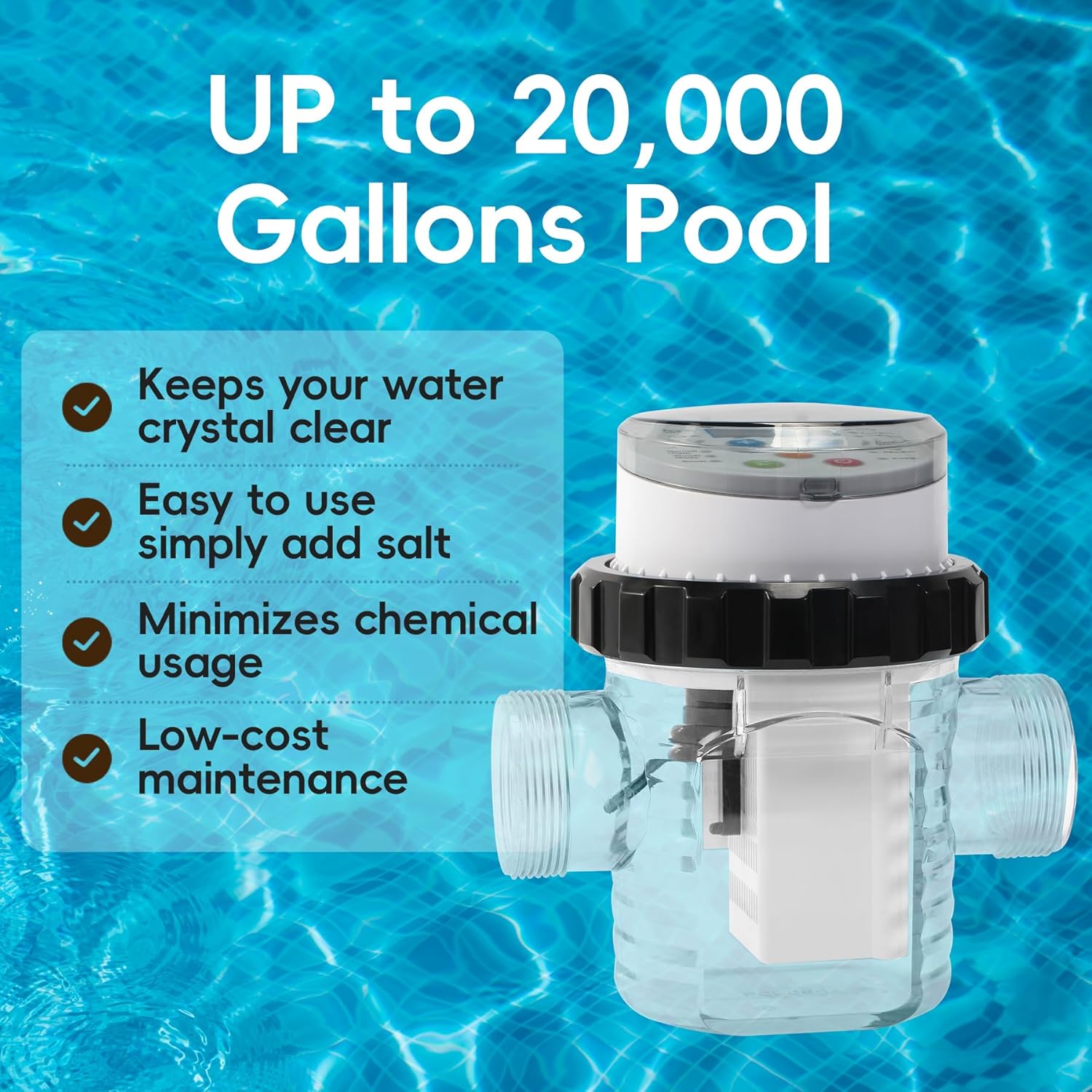 Saltwater Chlorinator for Above Ground Pools, Test Strip Included with Adapter,Salt Water Pool Chlorinator System, Self-Cleaning Saltwater Pool System for Pools up to 20000 Gallons
