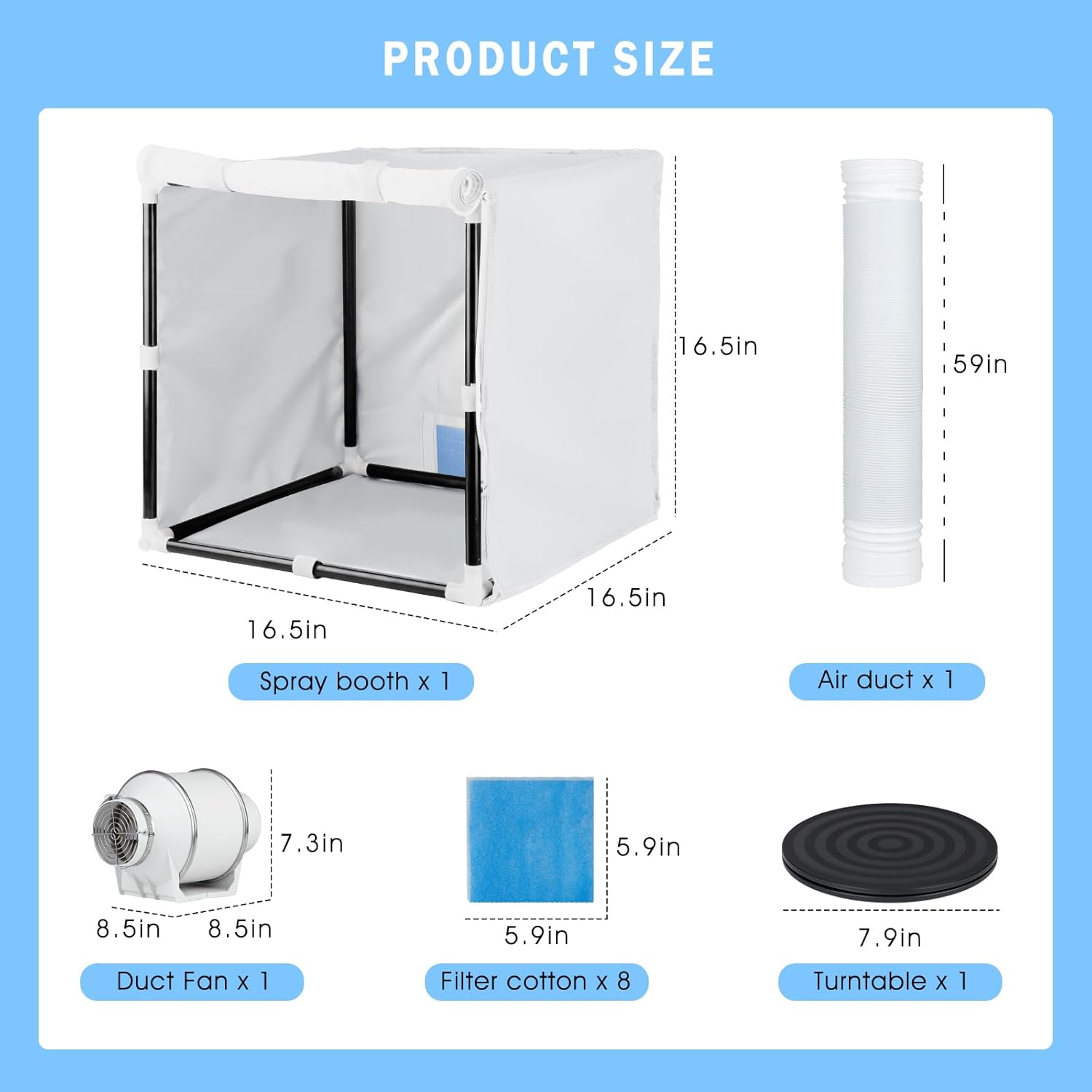 Airbrush Booth, Siebwin 16.5 * 16.5 * 16.5 inch Portable Hobby Airbrush Paint Spray Booth Kit with Powerful Duct Fans, Turntable and Filter Hose for Model Craft Nail Toy Part White