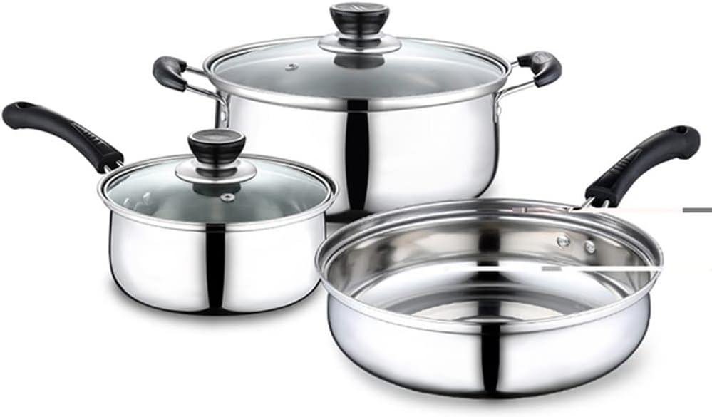 3pcs Stainless Steel Cookware Set Soup Pot Milk Pan with Glass Lid Frying Kitchen Cooking Tool