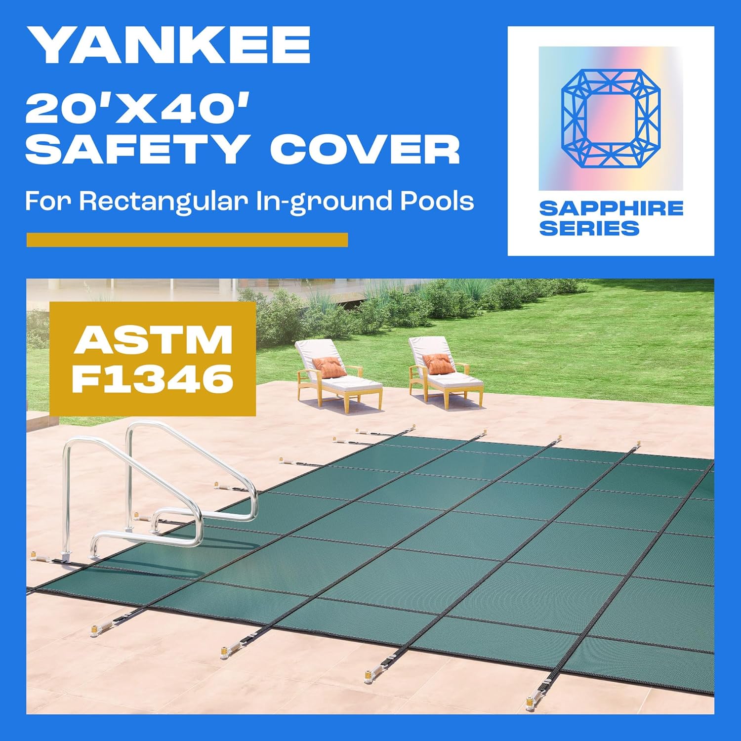 Yankee Pool Safety Inground Pool Cover -20x40 Ft Safety Pool Cover w/Anchors, Full Set Installation Tools, Ultra-Dense UL Classified to ASTM F1346, Weather-Resistant Pool Covers for Inground Pools.