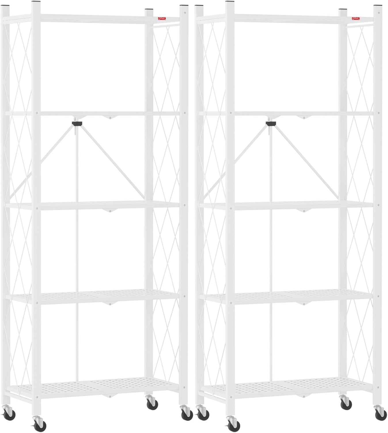 DEANIC 5-Shelf Folding Bookcase with Wheels, Heavy Duty Storage Shelves, Freestanding Metal Wire Shelving Unit for Living Room, Office, Kitchen, Basement, Pantry(White 2 Pack)