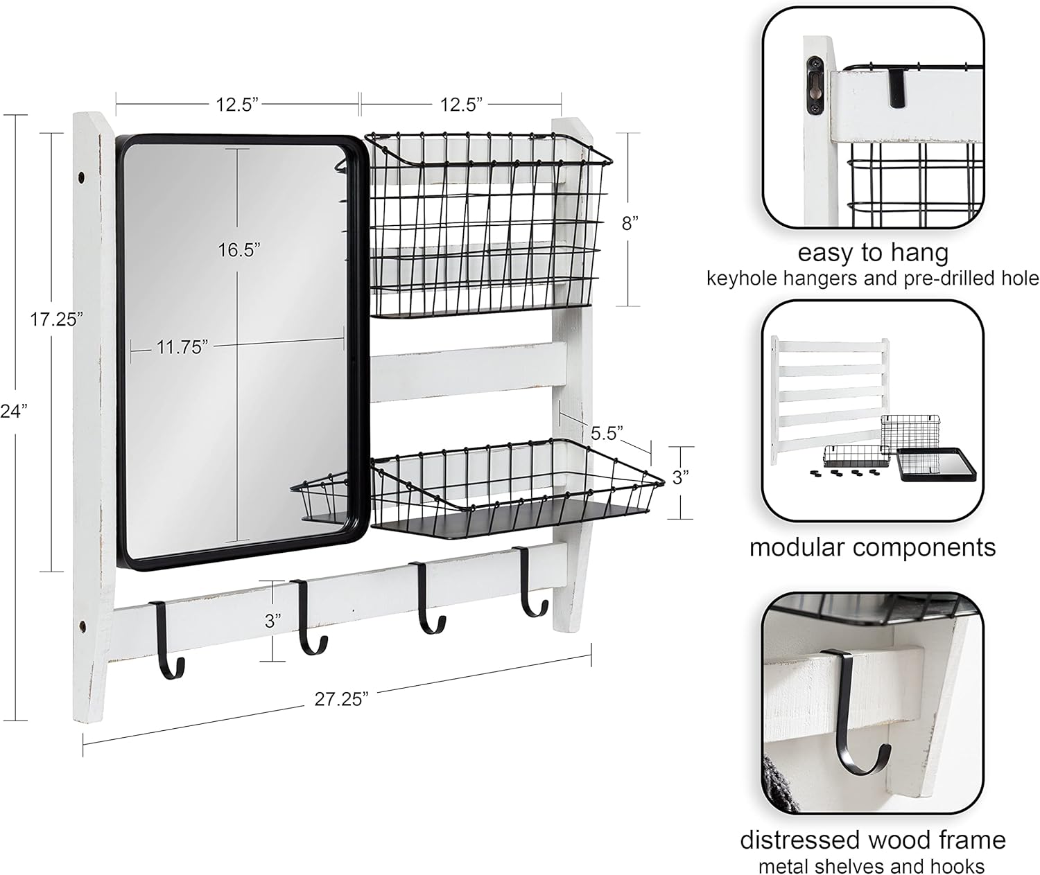 Kate and Laurel Tanner Wall Organizer with Mirror and Hooks, 28 x 8 x 24, White and Black, Farmhouse Wall Organization Home Office Station with Baskets for Modular Storage