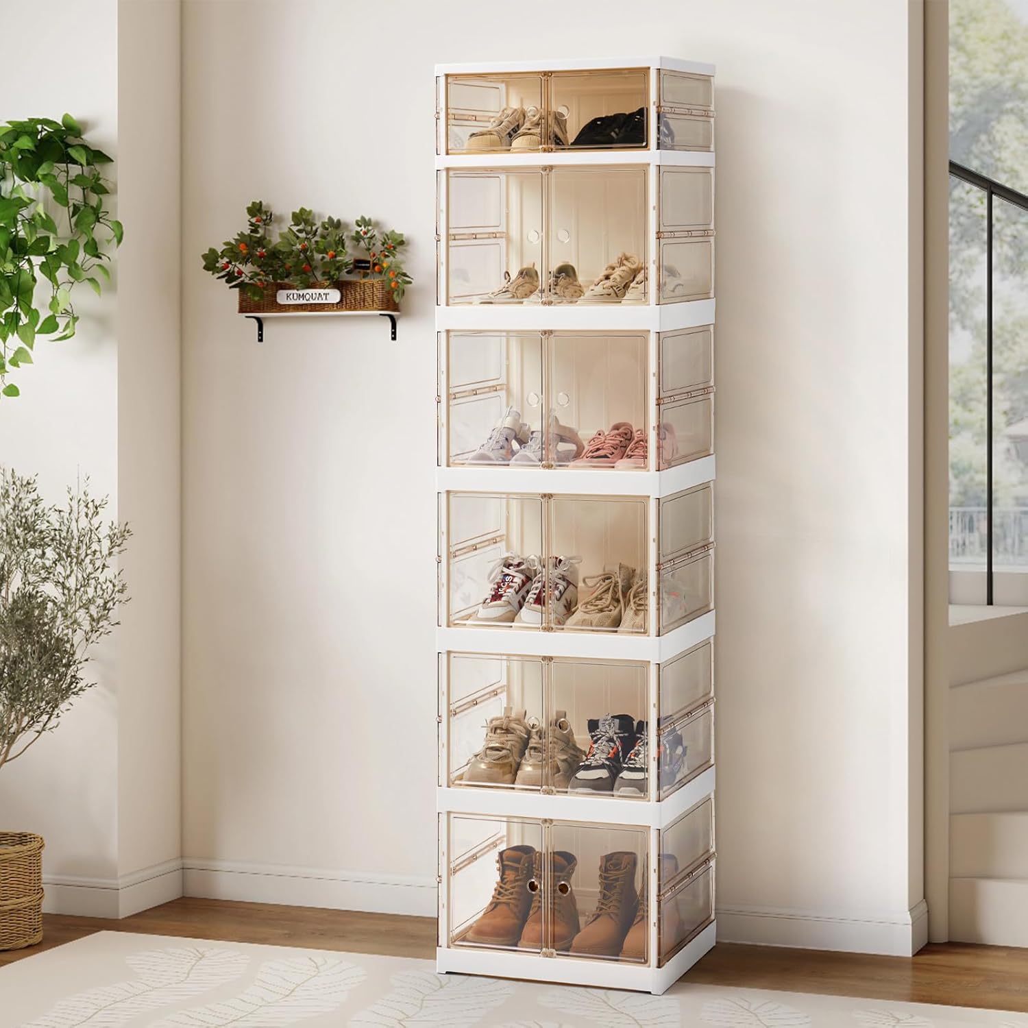 MGWILL Foldable Shoe Rack, Collapsible Shoe Organizers for Closet Plastic Clear Shoe Storage Box for Entryway, Large Stackable Sneaker Cabinet Bins Shoe Shelf with Magnetic Door 6 Tiers