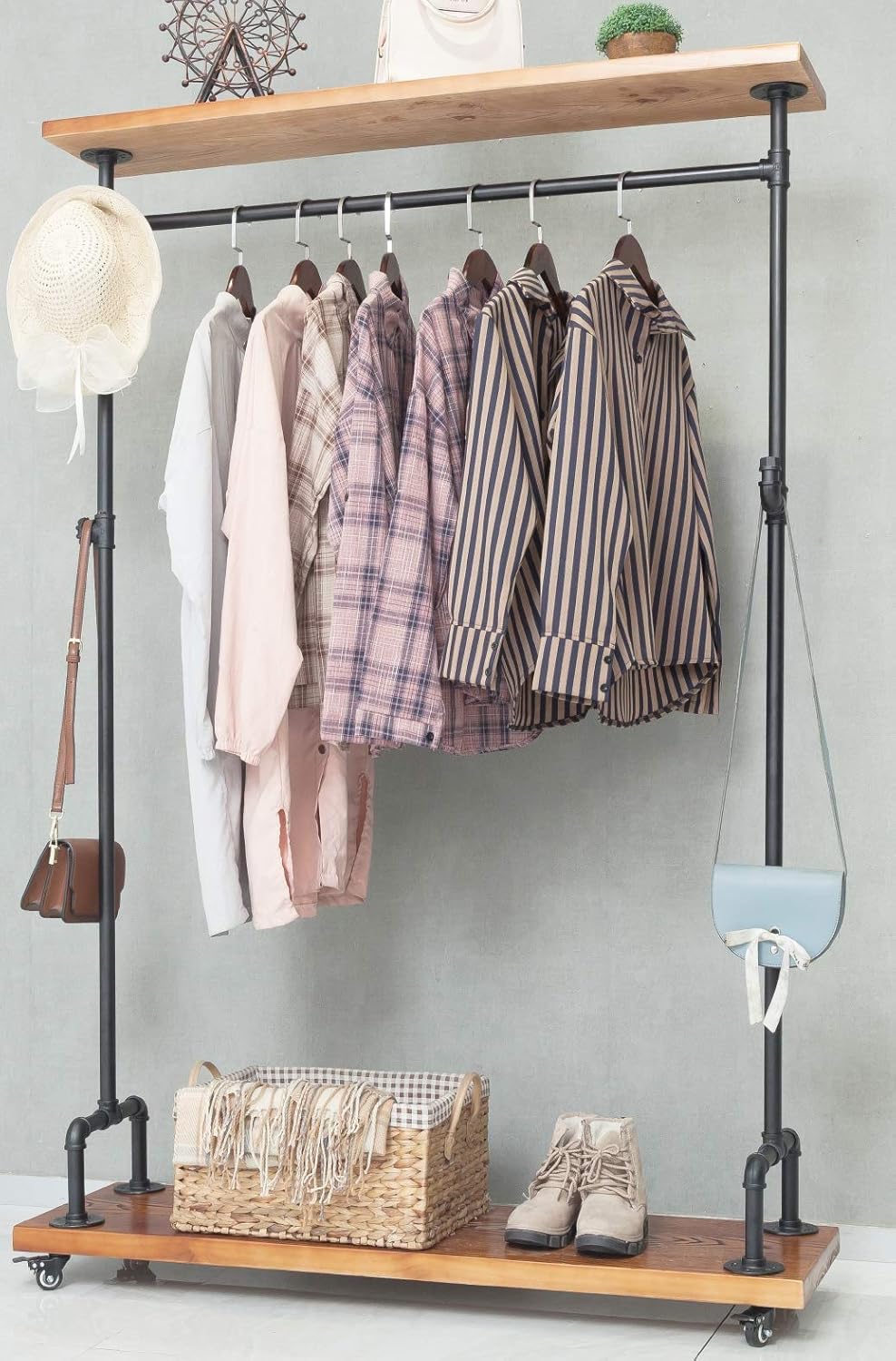 Industrial Pipe Clothing Rack on Wheels, Rolling Iron Garment Racks with Wood Shelves, Commercial Heavy Duty Clothing Racks, Steampunk Clothes Rack Retail (Two Tiers)