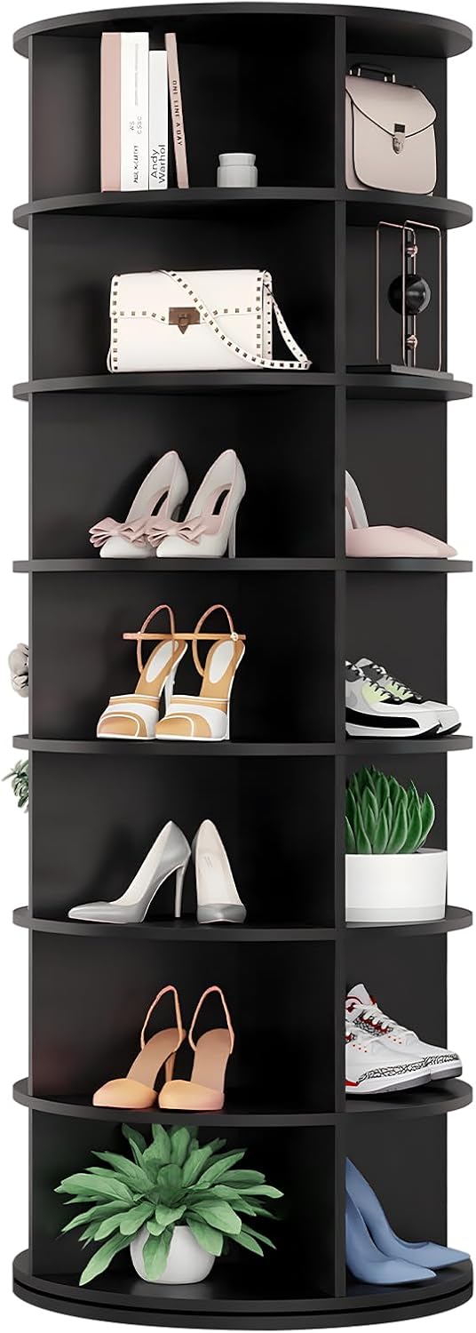 Hestiasko Rotating Shoe Rack, 7-Tier Spinning Shoe Rack, Free Standing Rotating Shoe Rack Tower 360°, Easy to Assemble, Space-Saving Revolving Shoe Organizer for Entryway - Black
