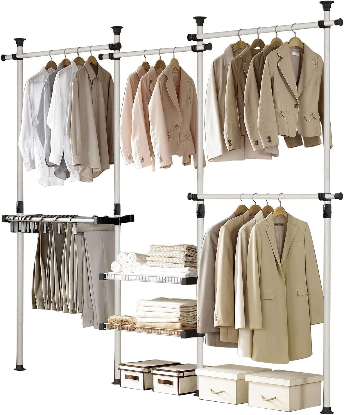 Prince Hanger Deluxe Pants & Shelf Hanger Heavy Duty One Touch Load 880LBS Clothing Racks for Hanging Clothes Metal Wardrobe Closet Garment Tension Rod Freestanding Ivory Height Adjustable PHUS-0052