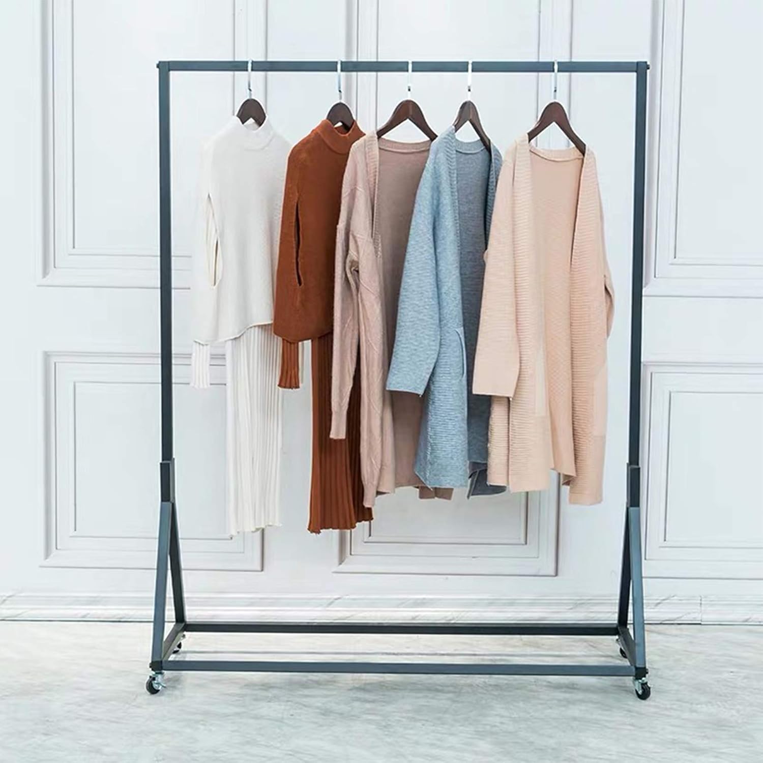 Modern Simple Heavy Duty Metal Rolling Garment Rack with Wheels,Retail Display Clothing Rack, Single Rod Floor-Standing Hangers Clothes Shelves (Black Square Tube A, 47.2 L)