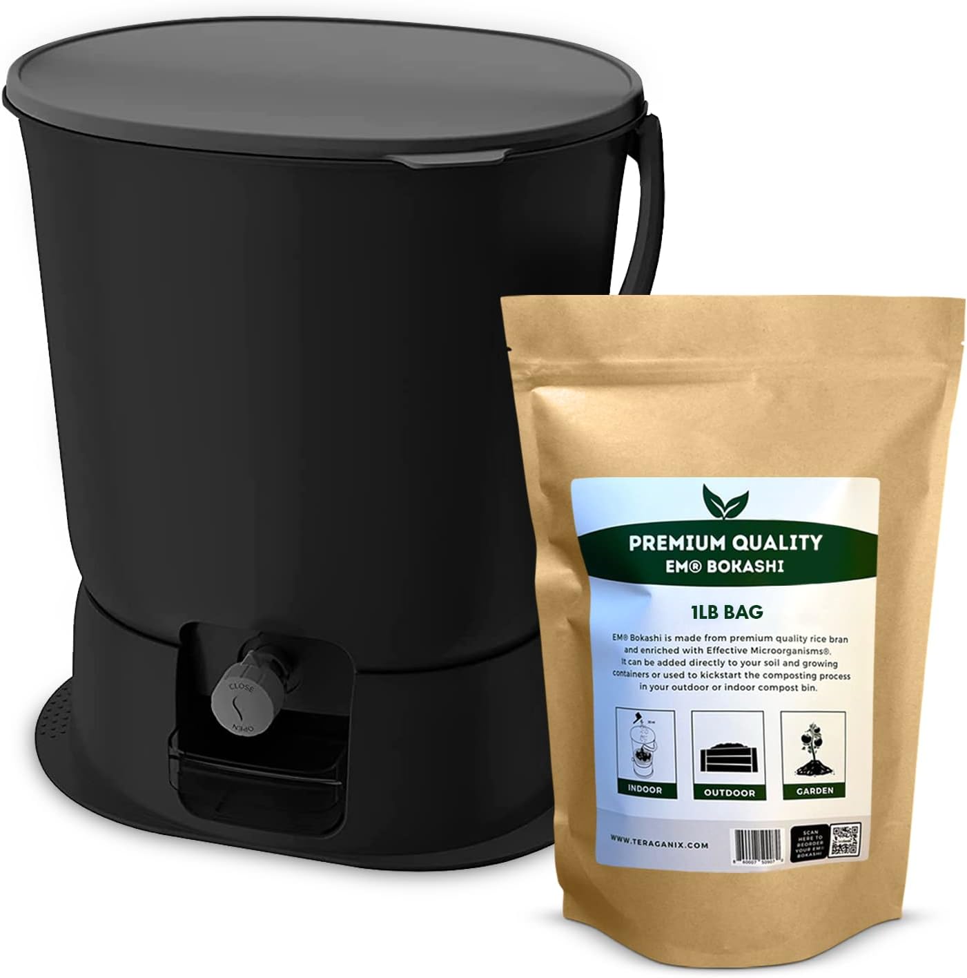 TeraGanix Bokashi Compost Starter Kit, Essential Set + Base, Indoor Composting, 2X 15.3L (4 gal) Bins, Collect & Ferment Waste, Airtight, No Pests or Odors, Bokashi Rice Bran Included, (Black)