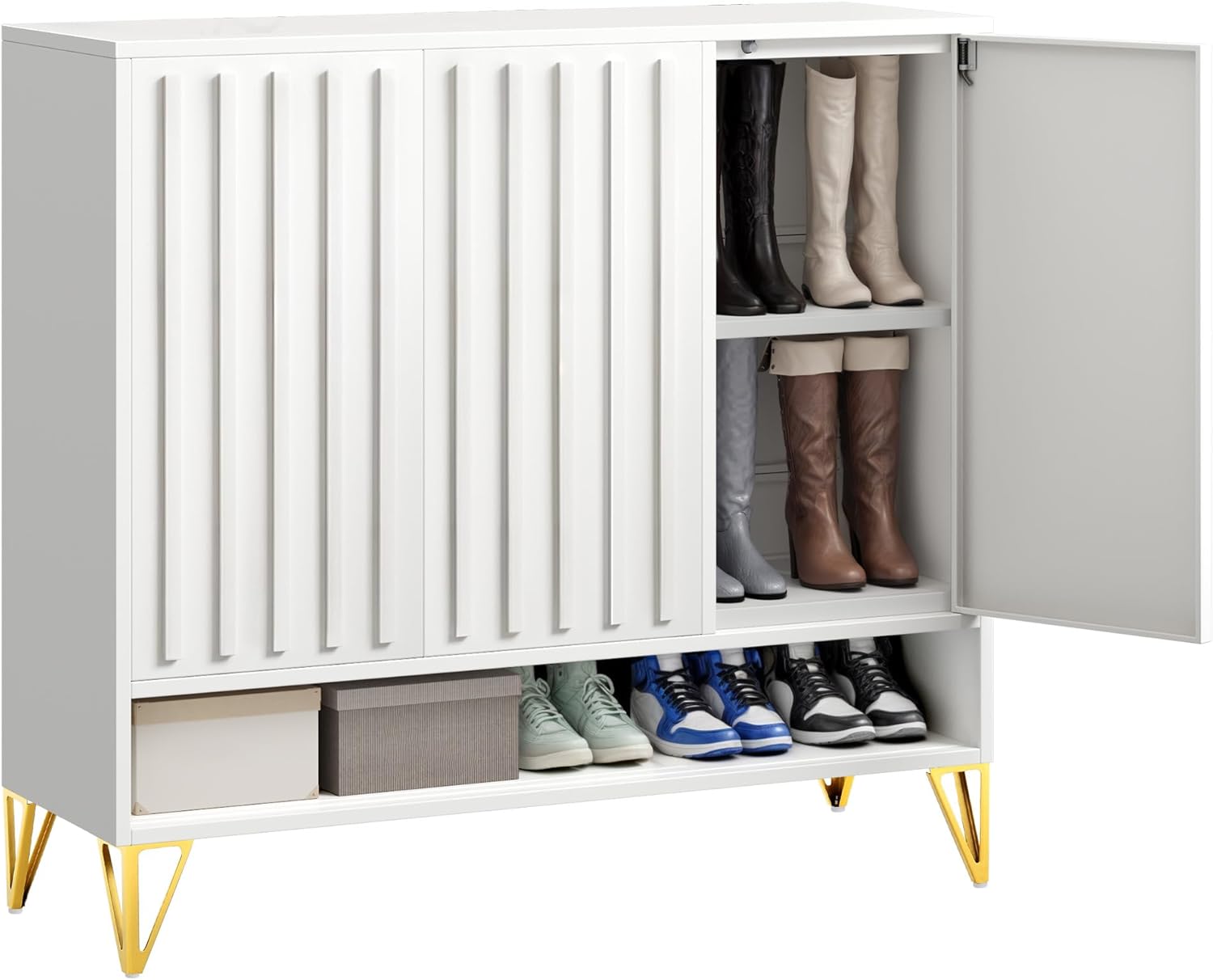 YITAHOME Shoe Storage Cabinet with Adjustable Shelves, 5-Tier Steel Shoe Cabinets with 3 Doors, Modern Fluted Free Standing Shoe Organizer, Shoe Rack Cabinet for Entryways, Hallways, Living Room,White