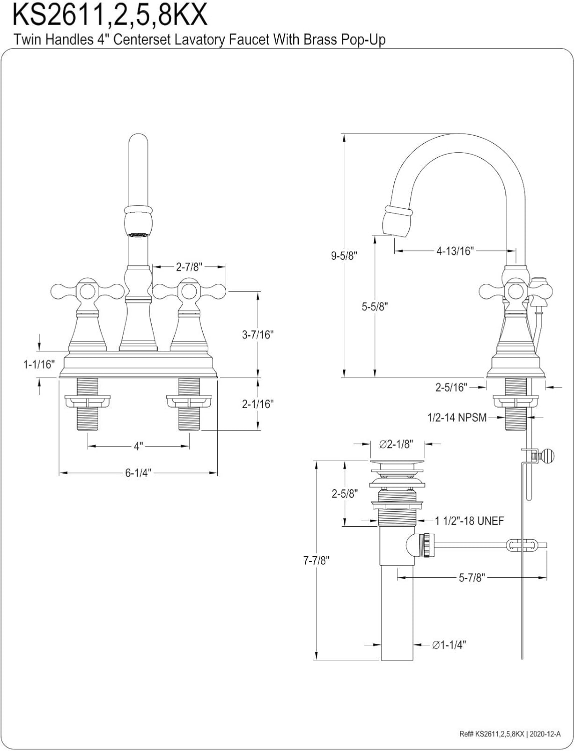 Kingston Brass KS2618KX Governor 4-Inch Centerset Lavatory Faucet with Brass Pop-Up with Knight Cross Handle, Brushed Nickel