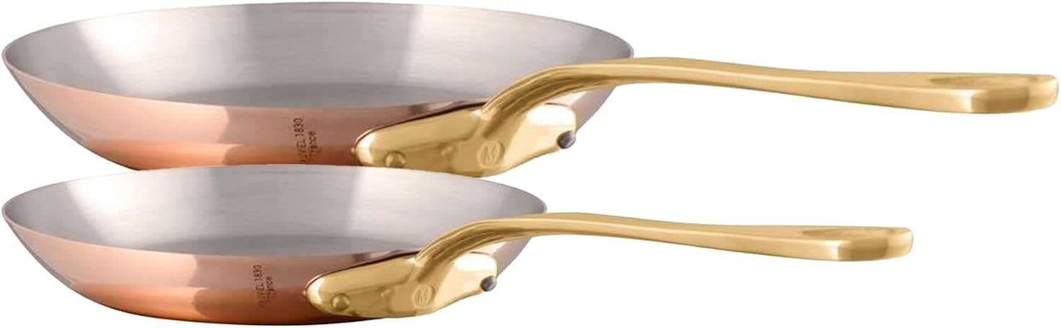 Mauviel M'200 B 2mm Polished Copper & Stainless Steel 2-Piece Frying Pan Set With Brass Handles, Made In France