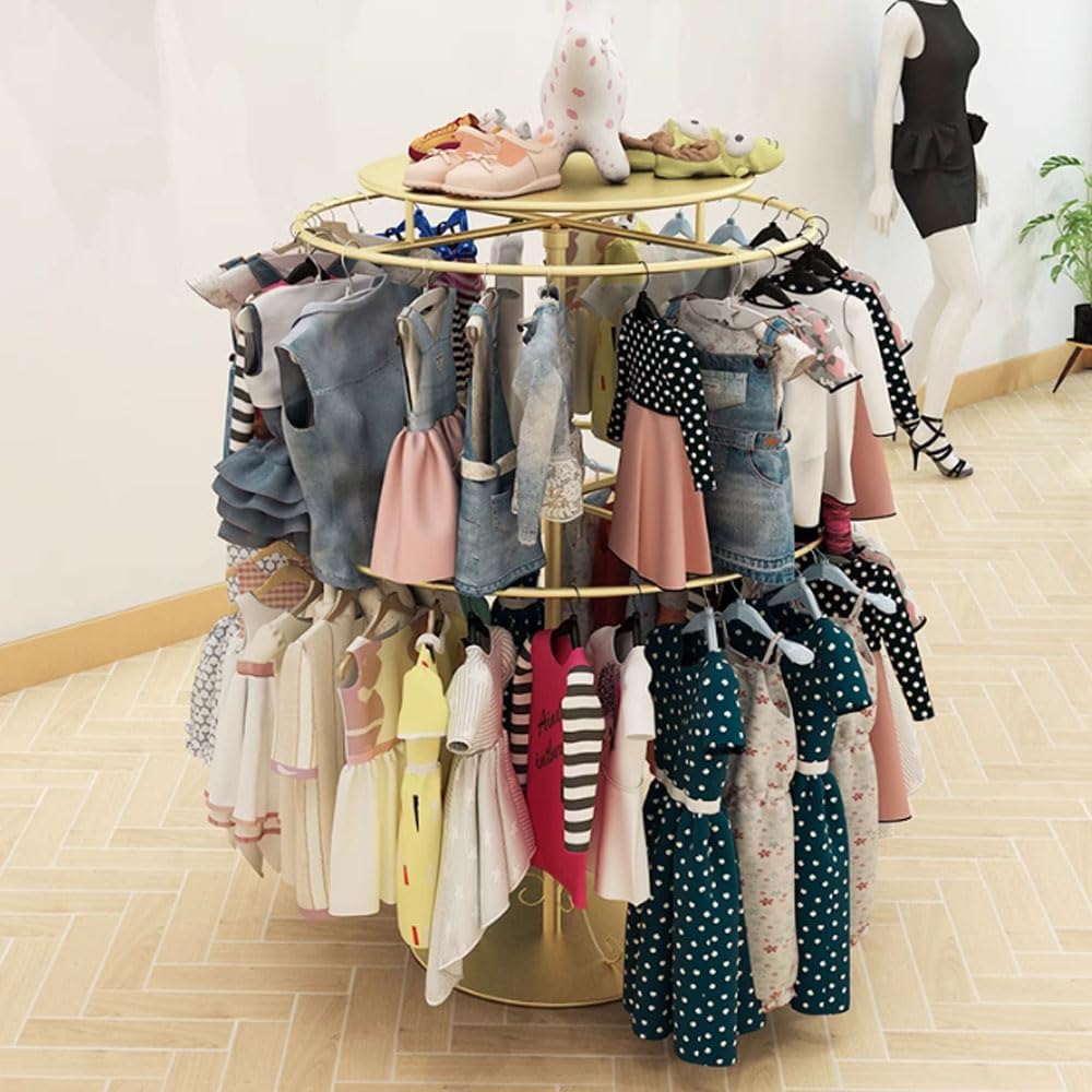 Round Clothing Rack, Gold Clothes Racks for Hanging Clothes, Double Retail Clothing Rack, Rotating Metal Clothing Display Rack, Kids Clothes Rack for Boutique Retail Display