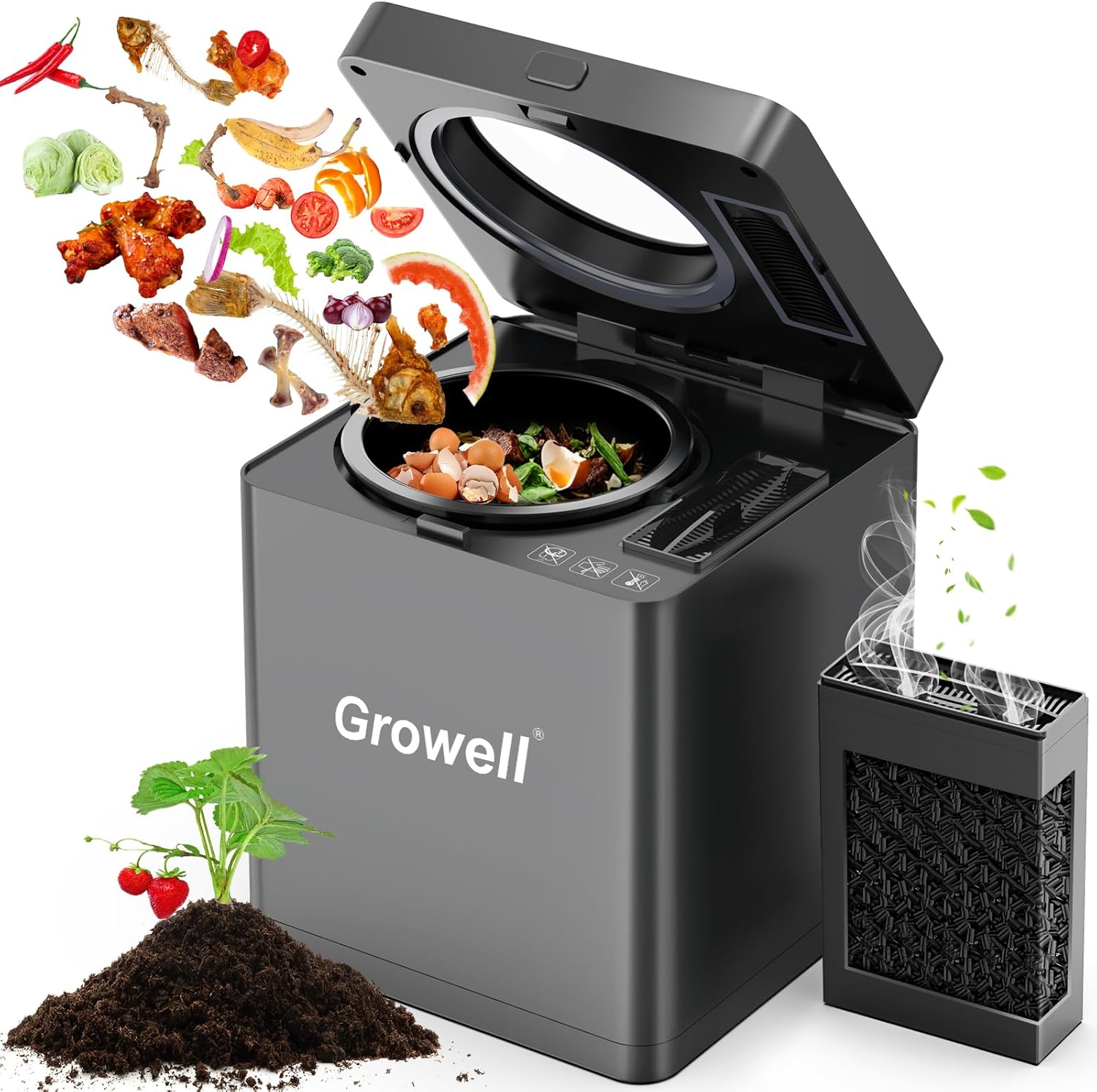 Electric Composter for Kitchen, 2.5L Indoor Countertop Compost Bin Kitchen with LED Display, Visible Window & Carbon Filter, Auto-Clean, 4H/6H Fast Processing, Odorless Food Compost Machine