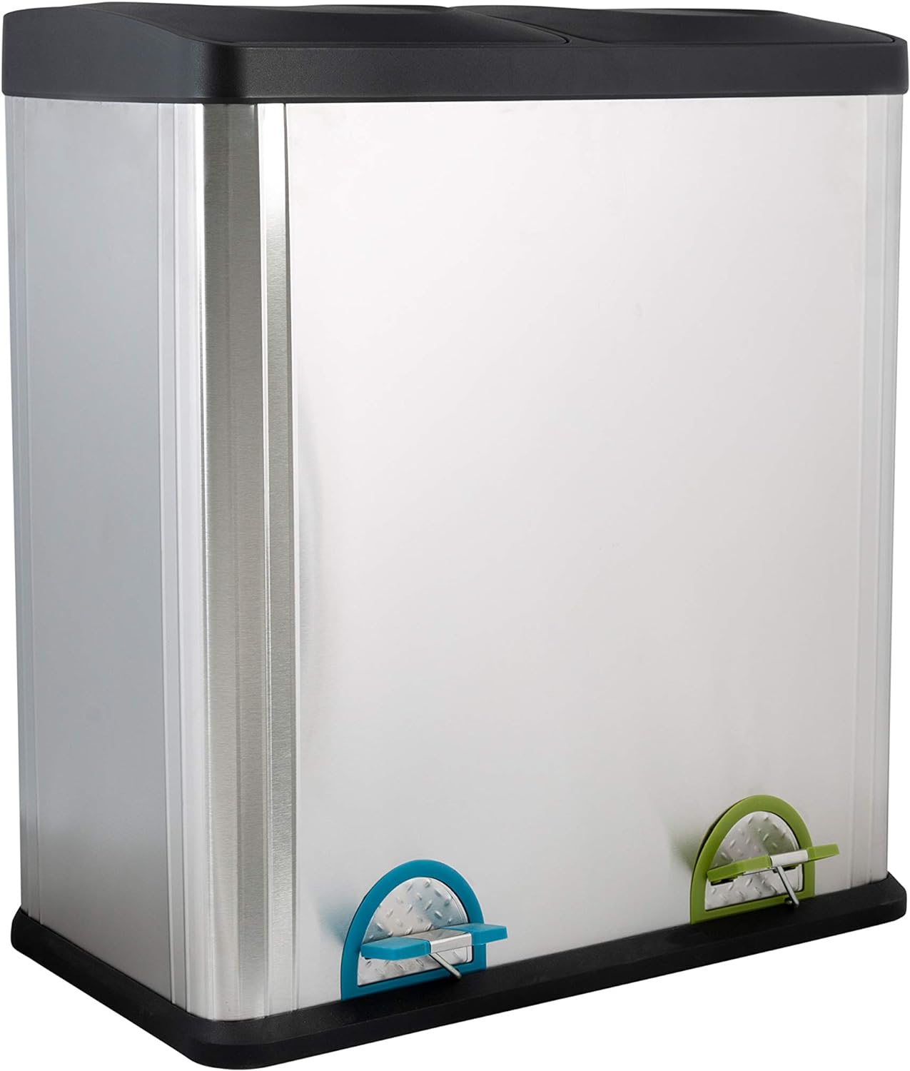 Organize It All Dual Compartment Step-On Recycling Bin Trash Can, 16-Gallon, Silver, Black
