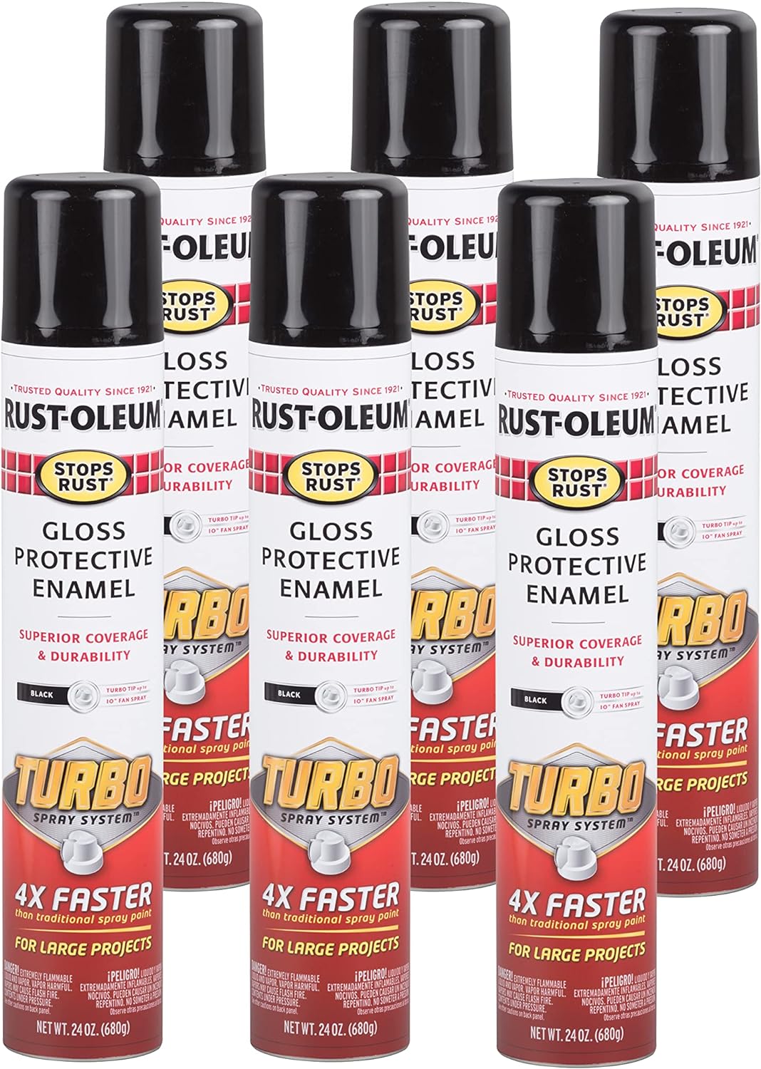 Rust-Oleum 334128-6PK Stops Rust Turbo Spray System Spray Paint, 24 oz, Gloss Black, 6 Pack