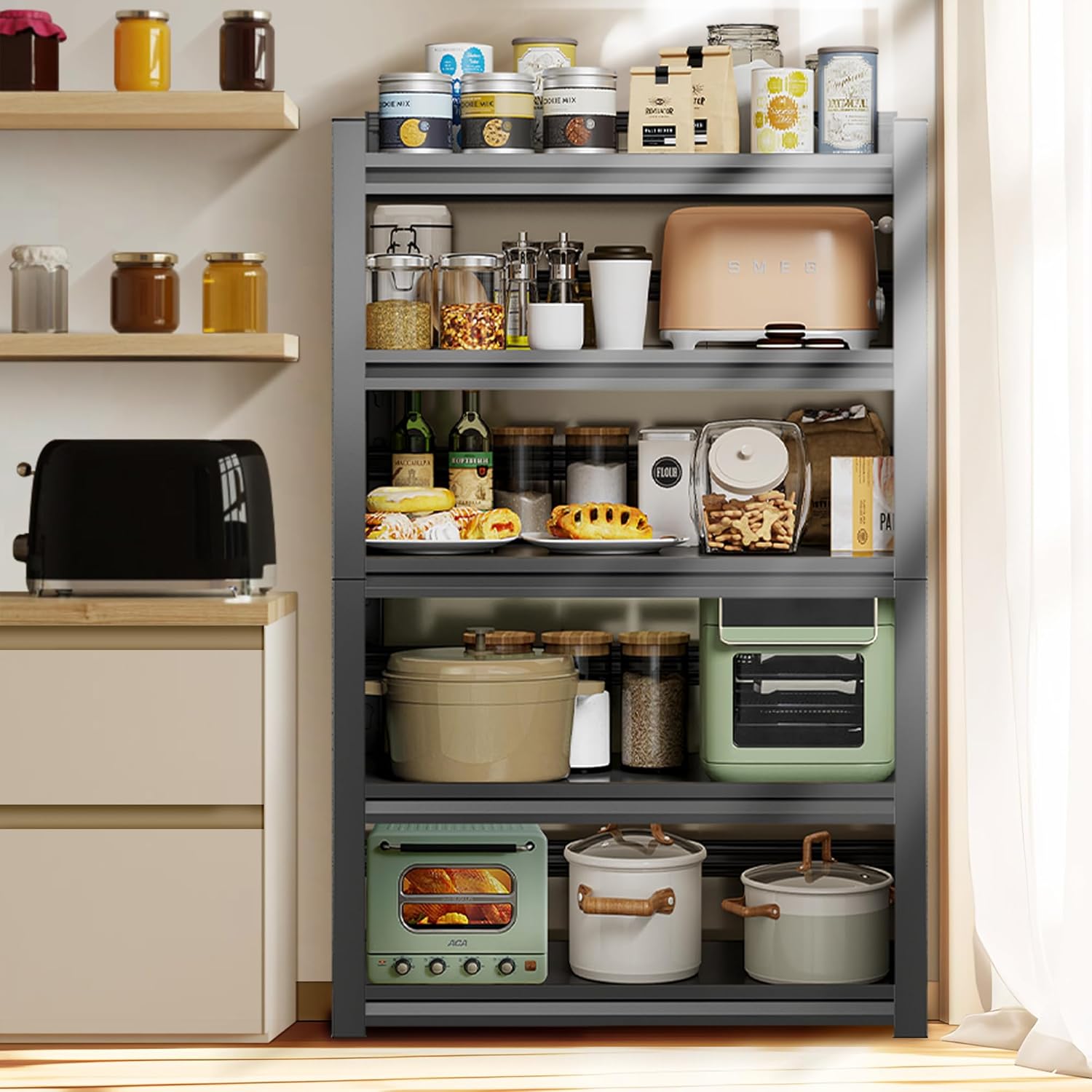 Kitchen Storage Shelves with 2000 LBS Load Capacity, Waterproof and Rustproof Metal Shelf, Adjustable Multi-Functional Kitchen Microwave Oven Shelf, 15.8''D*31.5''W*63''H, Black