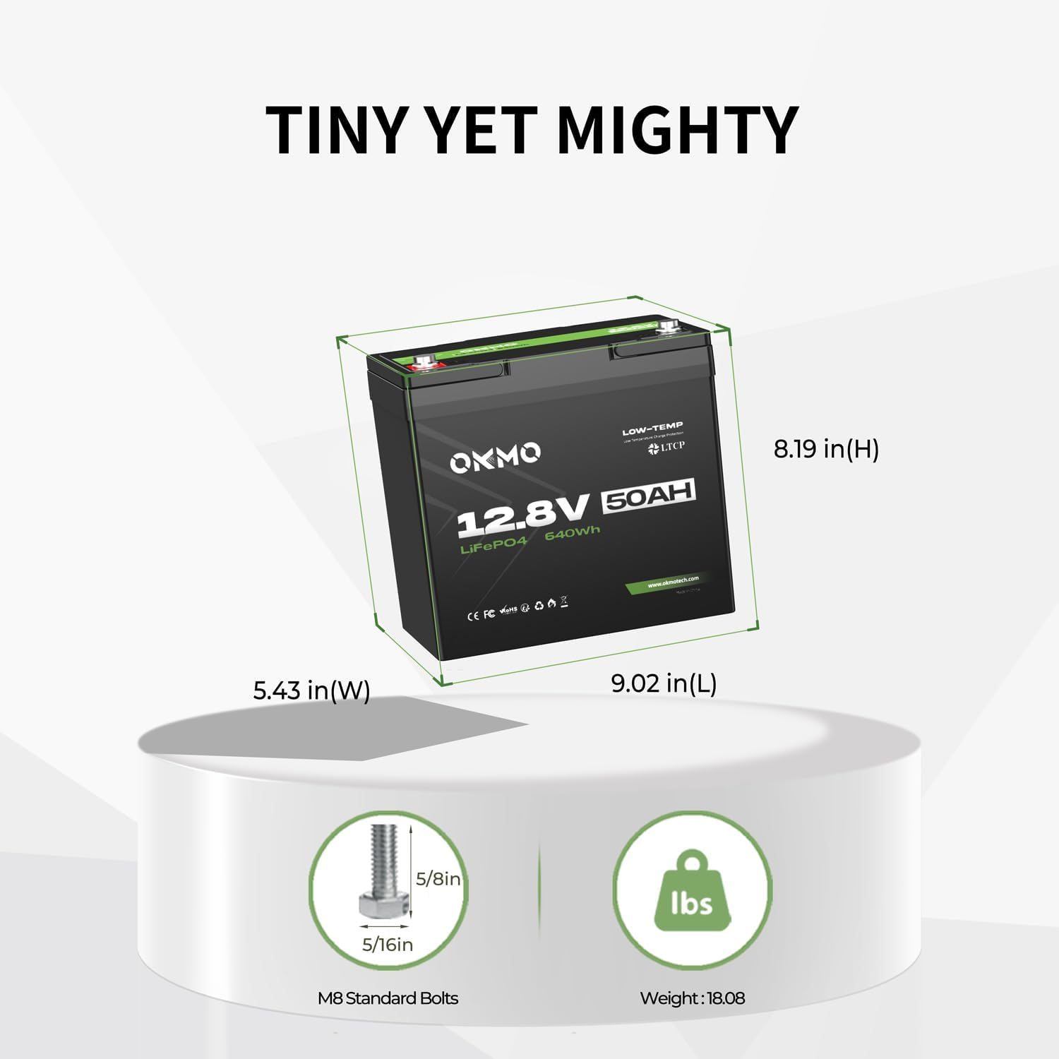 OKMO 12V 50Ah Trolling Motor LiFePO4 Lithium Battery，10 Years lifetime 8000+ Deep Cycles, for 30~50lb Kayak,Marine Motor，Boat,Camper, Power Wheels Toys, Iron Phosphate