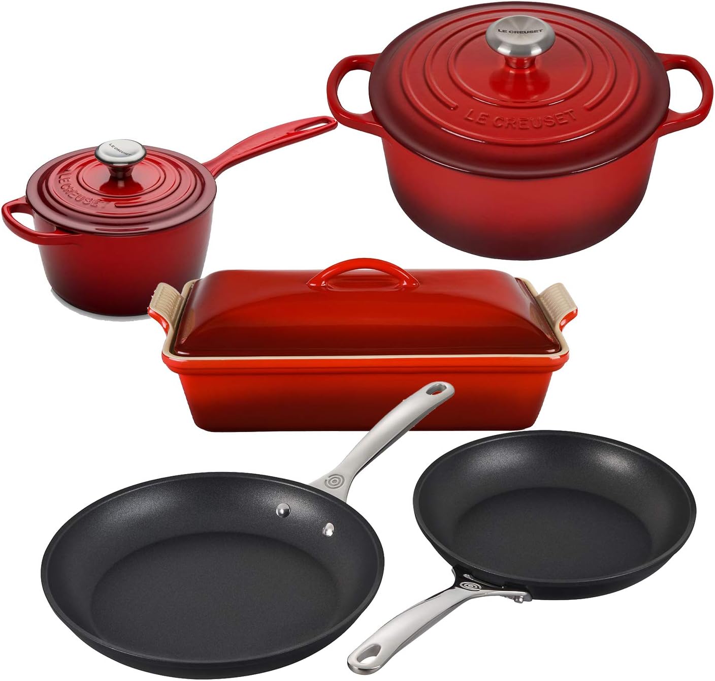 Le Creuset 8 Piece Multi-Purpose Enameled Cast Iron with SS Knobs, Stoneware, and Toughened Nonstick PRO Fry Pan Complete Cookware Set - Flame