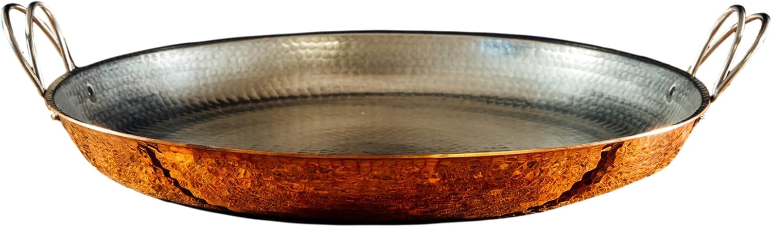 Sertodo Copper Alicante Paella Cooking Pan | 18 inch diameter | Patented Stainless Steel Handle Design| Hand Hammered, Heavy Gauge, 100% Pure Copper