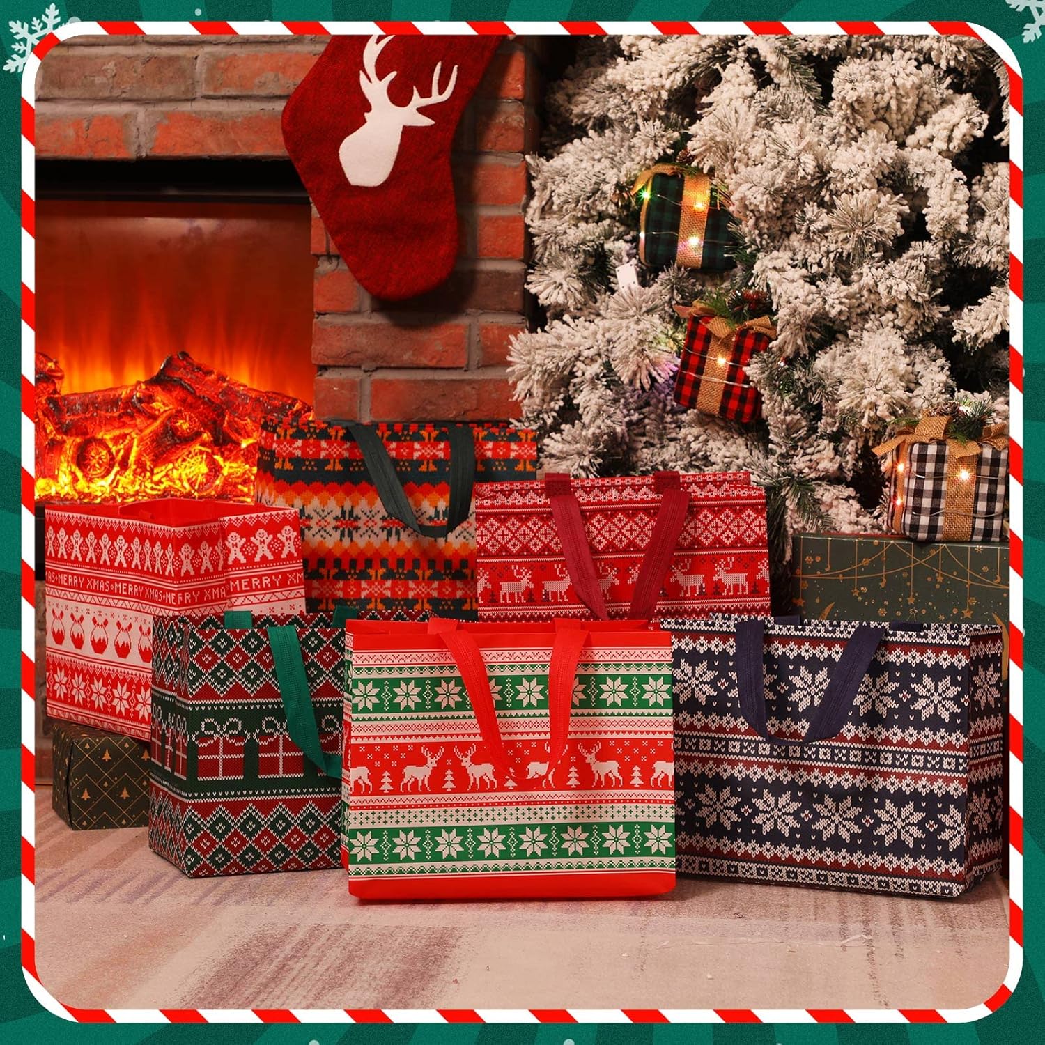 Sanwuta 180 Pcs Ugly Sweater Christmas Bags for Gifts Large Christmas Tote Bags Reusable Non Woven Treat Pockets 12.8 x 9.8 x 6.7 in