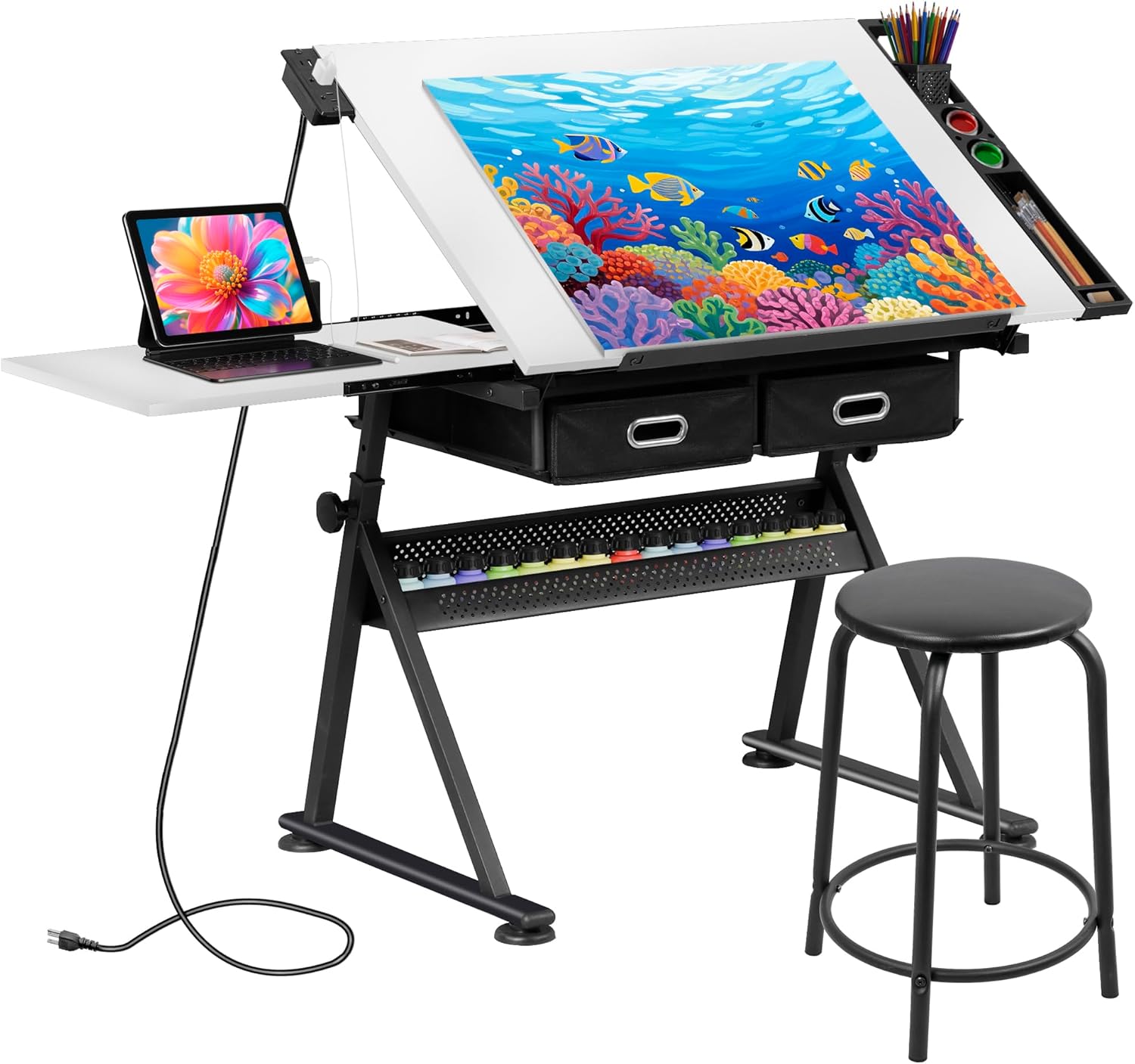 JupiterForce Drafting Table Art Desk w/Power Outlet and Stool, Adjustable Tilting Drawing Table Artist Desk with 2 Storage Drawers, Art Craft Work Station for Home Office Working, Writing, Crafting