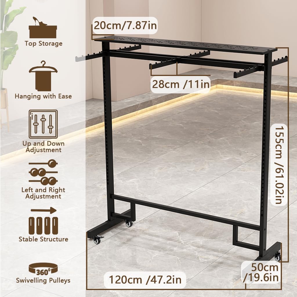 Black Clothing Racks with Removable 6/8 Arms Floor Standing Metal Garment Rack with Wheels Heavy Retail Display Racks Shirt Clothes Display Stand for Boutiques (59 * 19.6 * 61.02in)