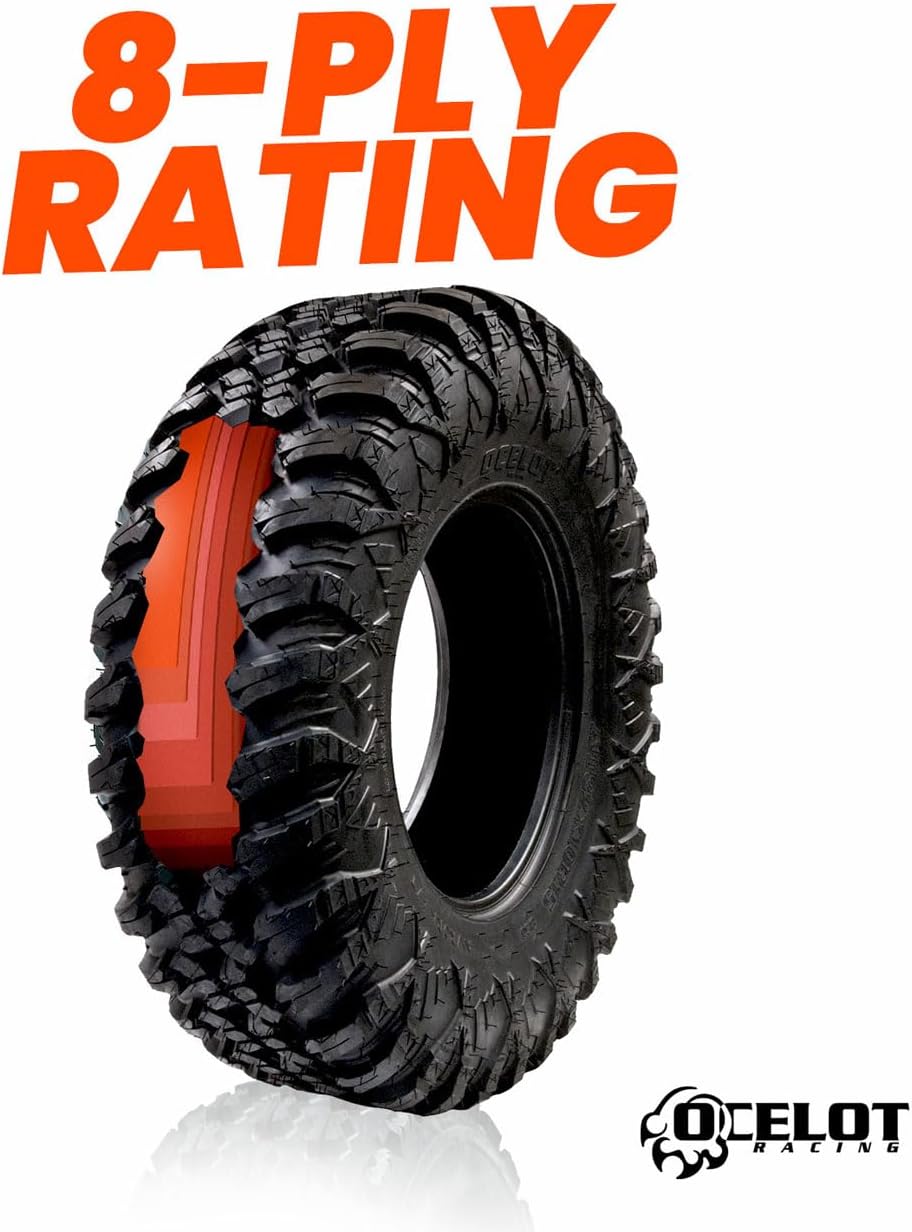 Ocelot Aurora ATV UTV Tire 25 x 8R–12 For All Terrain Style Riding, Durable 8-Ply Radial Construction and Non-Directional Tread Pattern with Thick lugs for Diverse Terrain and Conditions