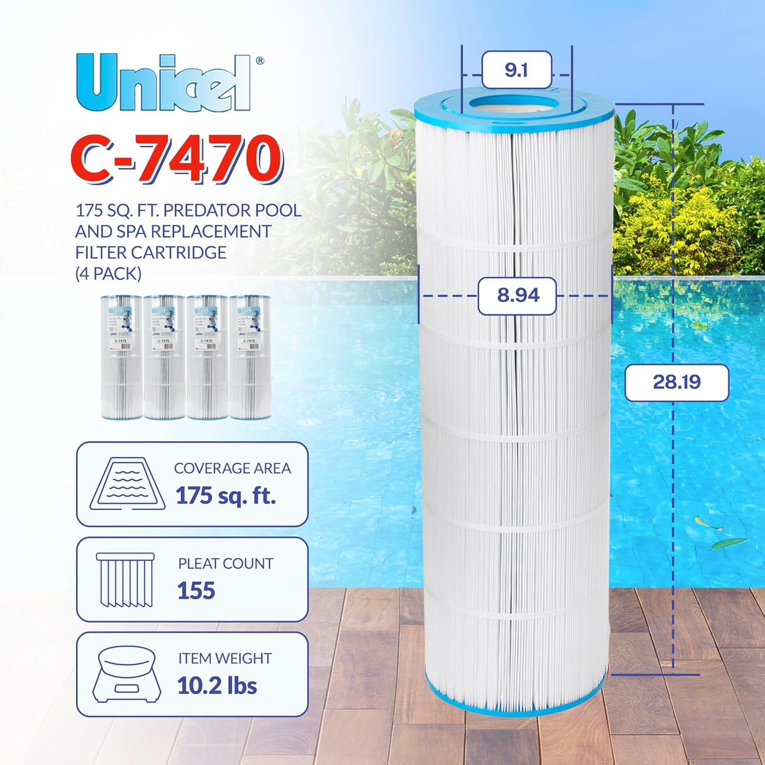 Unicel C-7470 80 Sq Ft Media Replacement Pool Filter Cartridge with 170 Pleats, Compatible with Pentair Pool Products, Pac Fab, & Waterway (4 Pack)