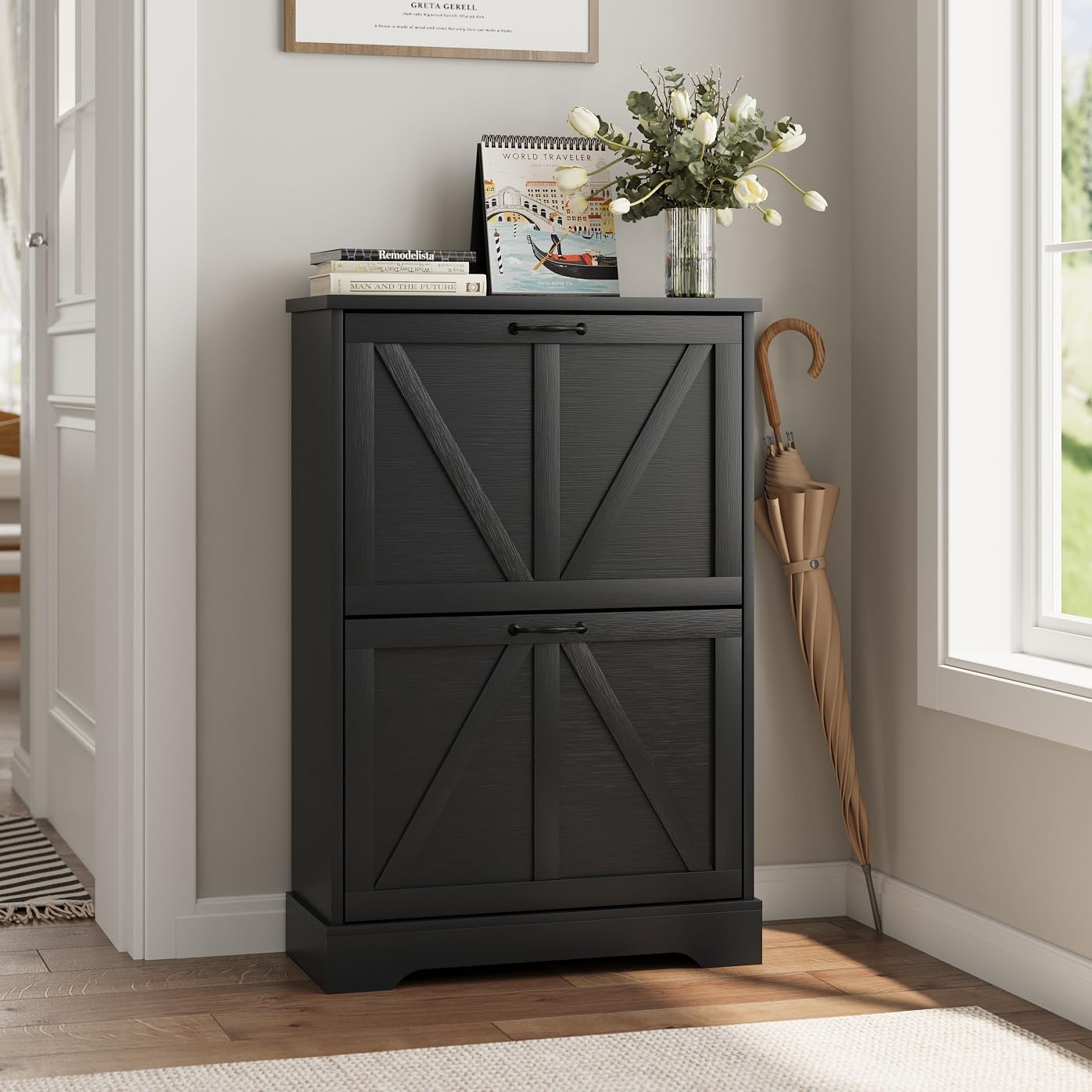 Shoe Cabinet, Shoe Storage Cabinet for Entryway with 2 Flip Drawers, Narrow Farmhouse Shoe Organizer Cabinet, Slim Shoe Rack Cabinet, 31.5in Walnut