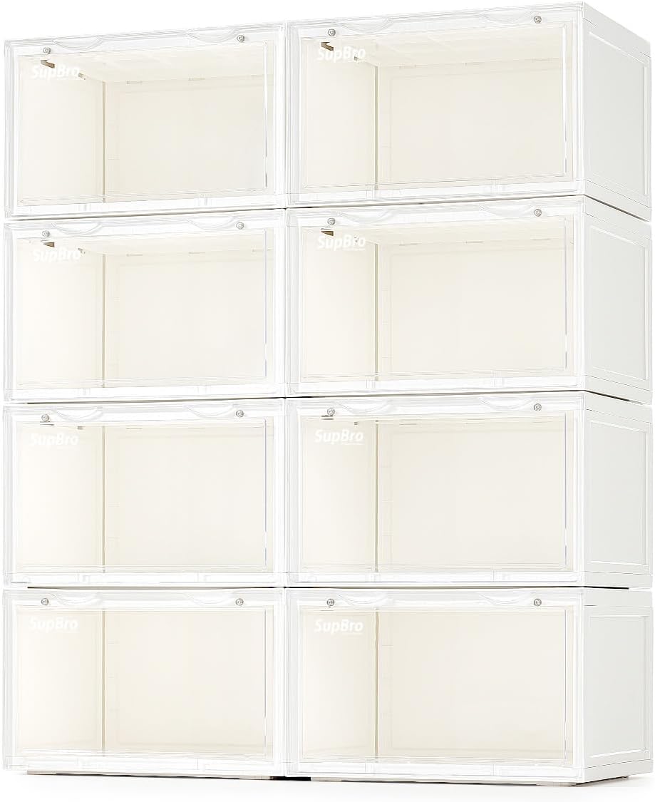 SupBro Collection Crate - Easy Access Storage Shoes Box -Plastic Foldable Stackable Sneaker Display Storage with Clear Side Open Door Organizer-8 Pack(White)