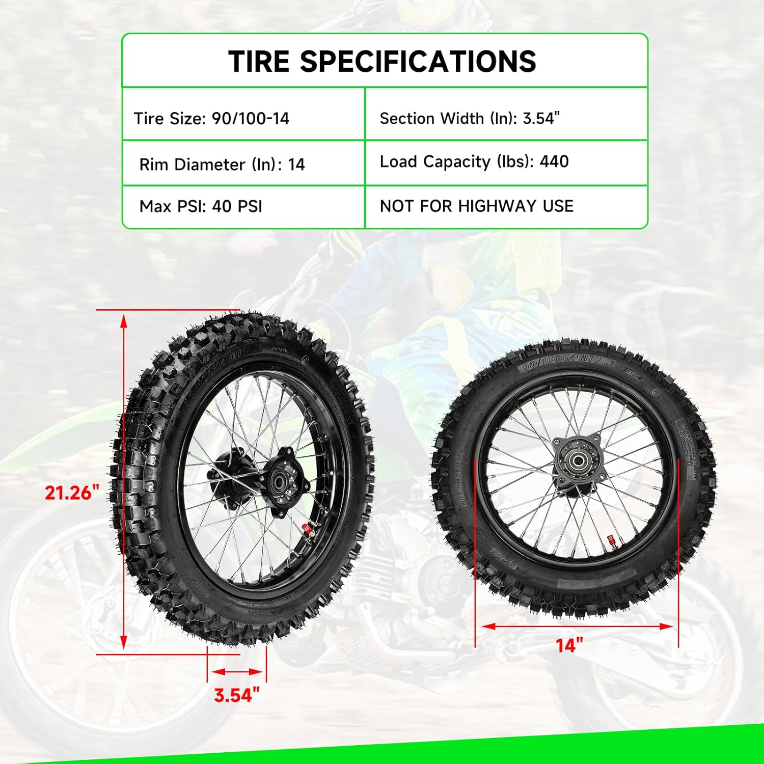 14'' Rear Wheel 90/100-14 3.00-14 Dirt Bike Tire Rim Assembly Compatible with SSR Apollo 150cc 140cc 125cc CR80R CR85R CRF80F CRF125F DB17 KX85 KLX125 KLX140 TTR125 Off Road Motocross Parts