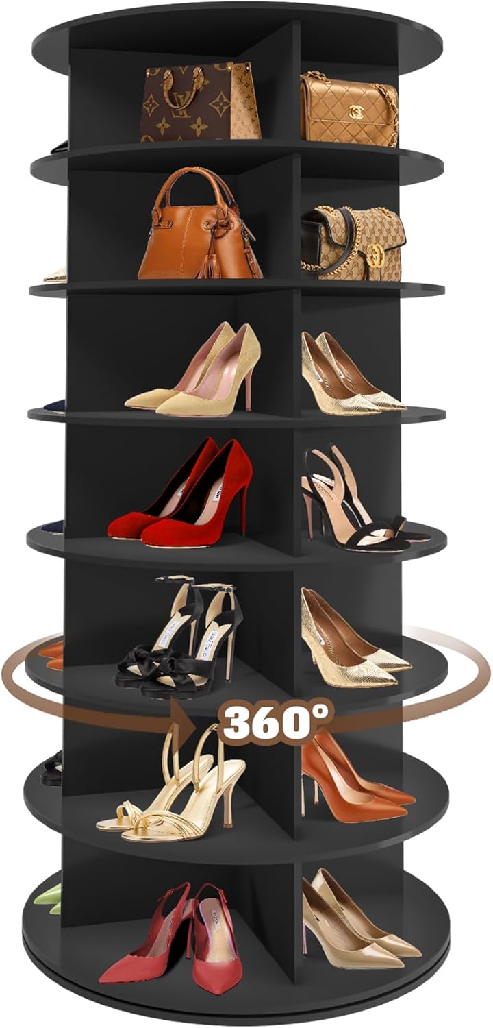 Free Standing 7-Tier Spinning Shoe Organizer Tower, Rotating 360 - Black
