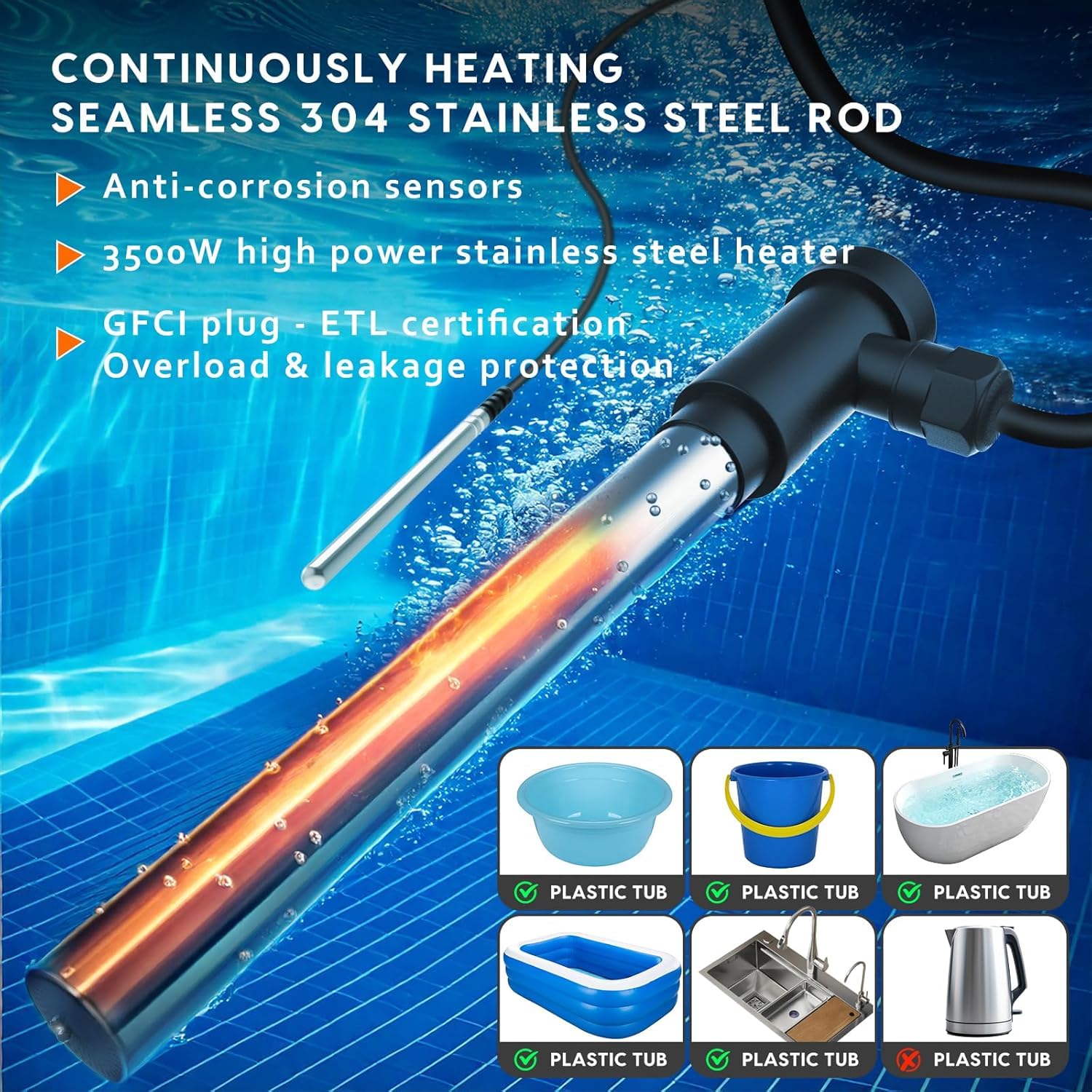 3500W 240V Fully Submersible Portable Electric Immersion Large Pool Water Heater Waterproof Hot Tub Heater with Leakage Protection & Thermostat, for Baptistry, Swimming Pool, Bathtub, Bucket (3500W)