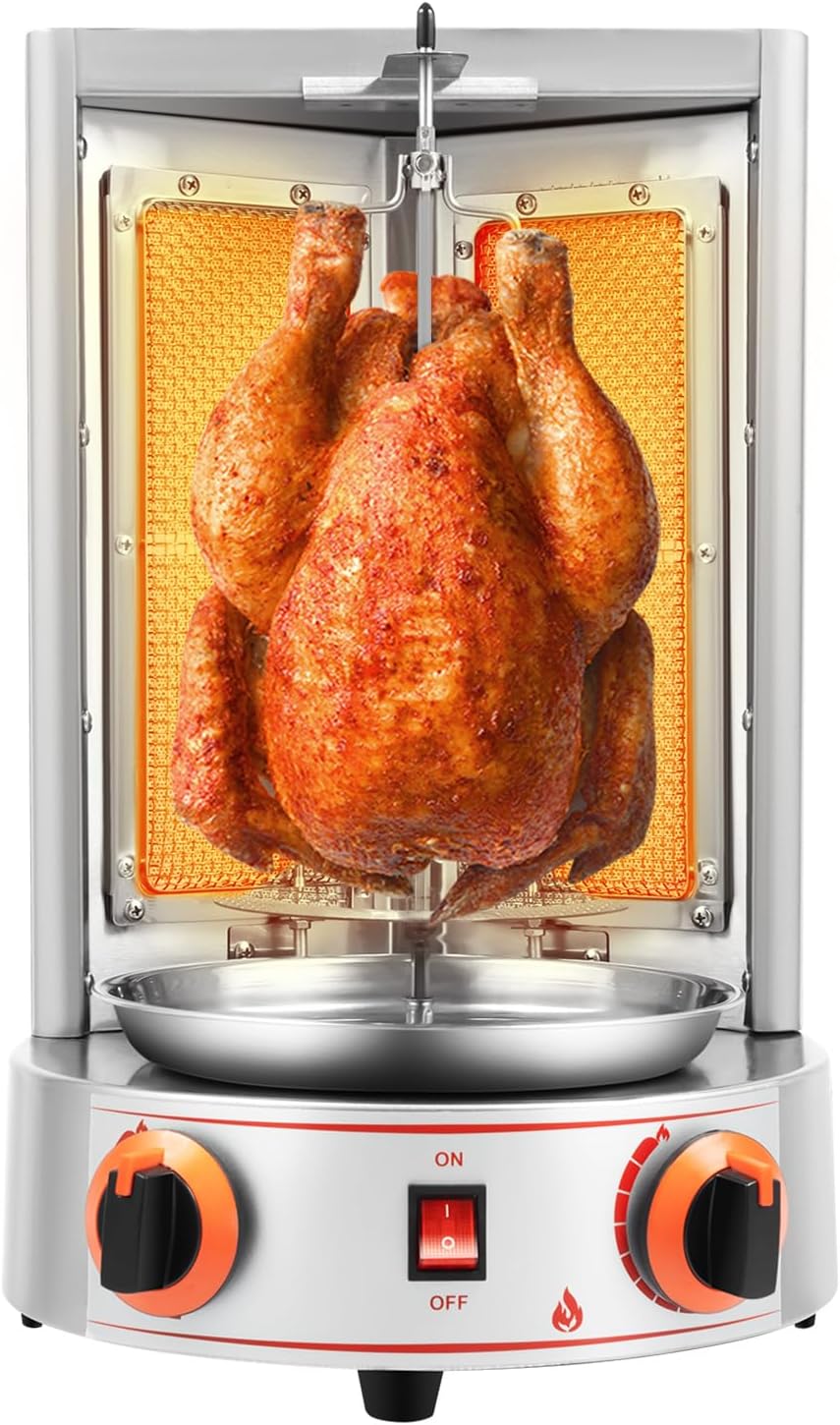 Shawarma Grill Machine, Gas Vertical Rotisserie with Gas Pipe & 2 Burners, Cooks up to 26 lbs meat, Countertop Rotating Kebab for Chicken, Beef, Lamb, BBQ, Shawarma